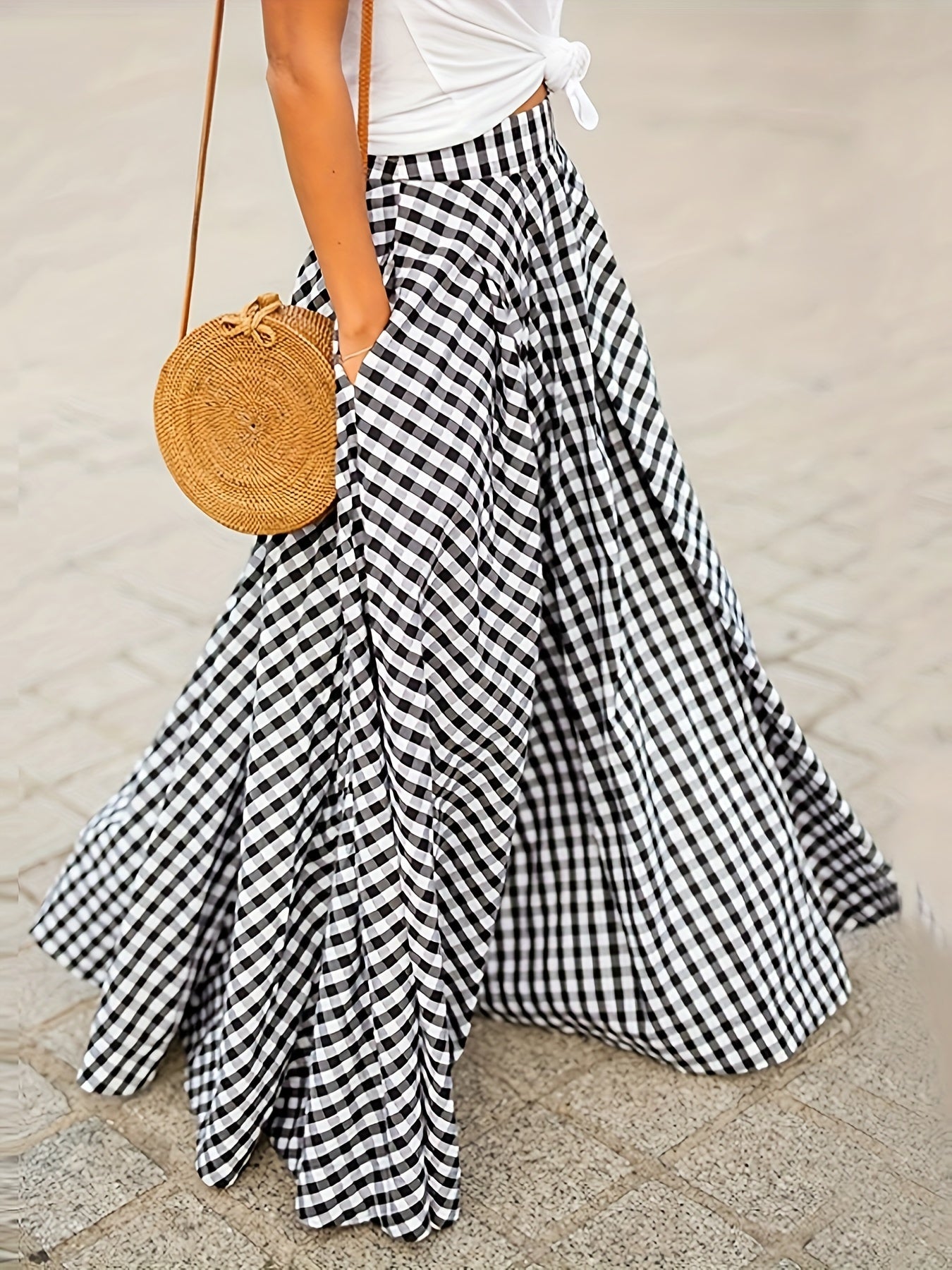 Mirthea | Gingham Midi Skirt for Women - high waist, flowy A-line, elegant and lightweight