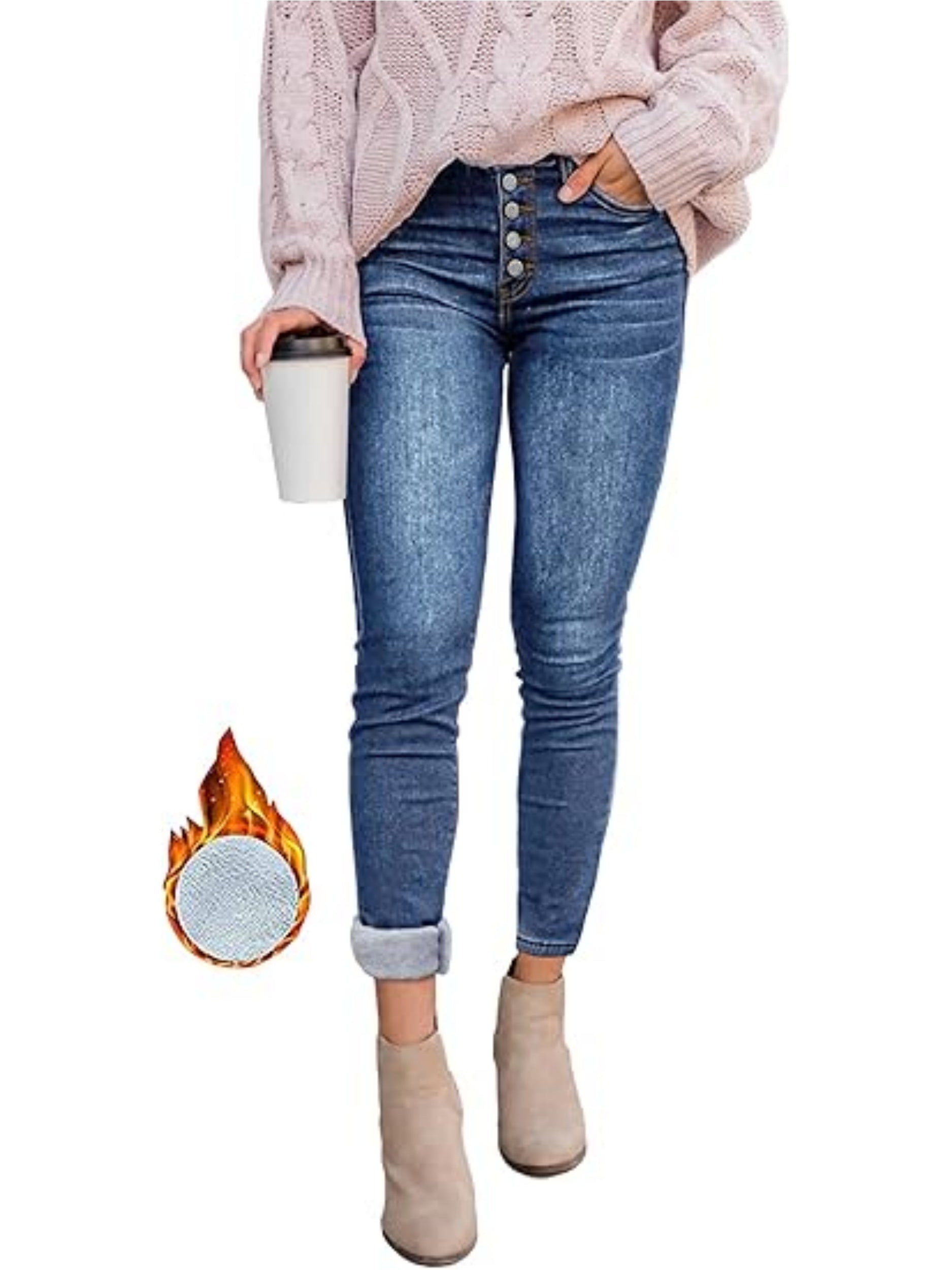 Odessa | Skinny jeans met fleecevoering - warme stretch denim met schuine zakken, knoopsluiting, comfortabele pasvorm