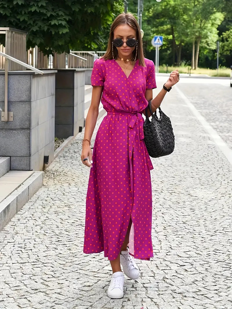 Caden - Boho V-hals met korte mouwen en stropdas splitjurk met grafische print