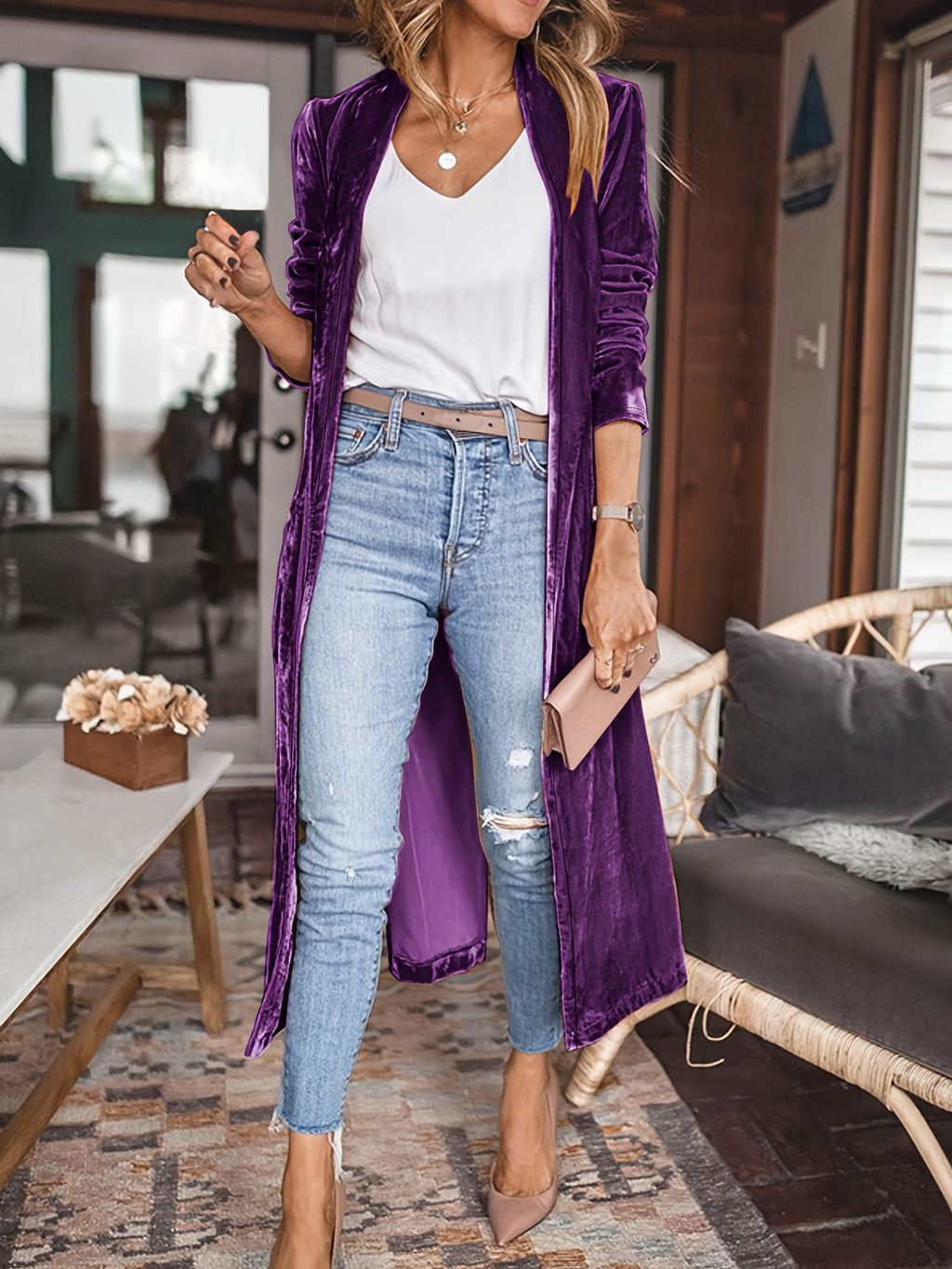 Dahliana | Velvet damesvest met open voorkant - lange mouwen, casual, zacht en warm winterjack