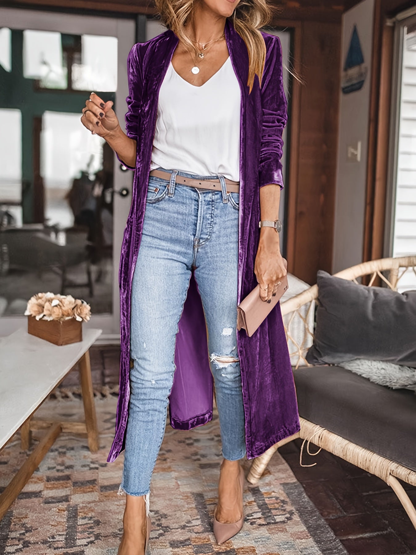 Dahliana | Velvet damesvest met open voorkant - lange mouwen, casual, zacht en warm winterjack