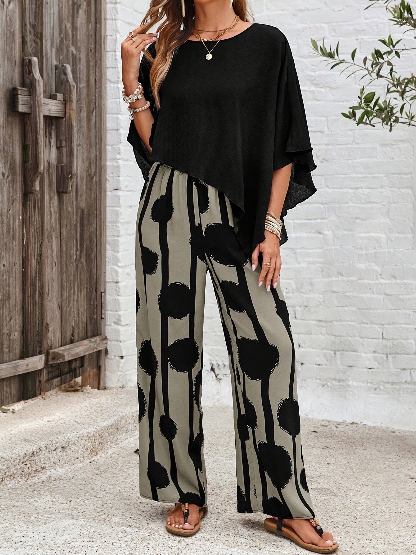 Bellisaria | Blouse with Asymmetric Hem and Wide Leg Trousers - Casual Outfit