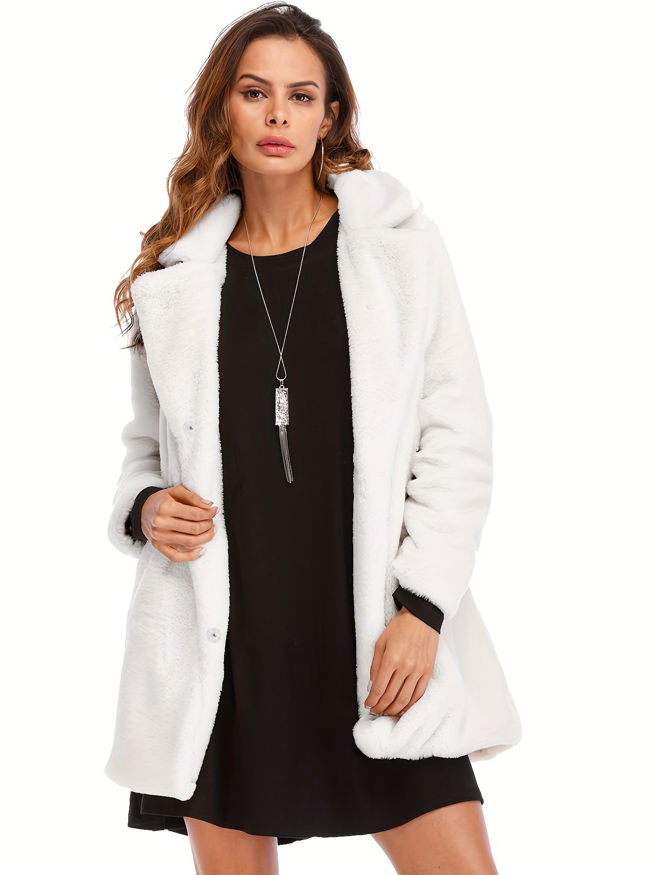 Zerlina | Elegant mid-length faux fur coat for women - concealed button fastening, with pockets