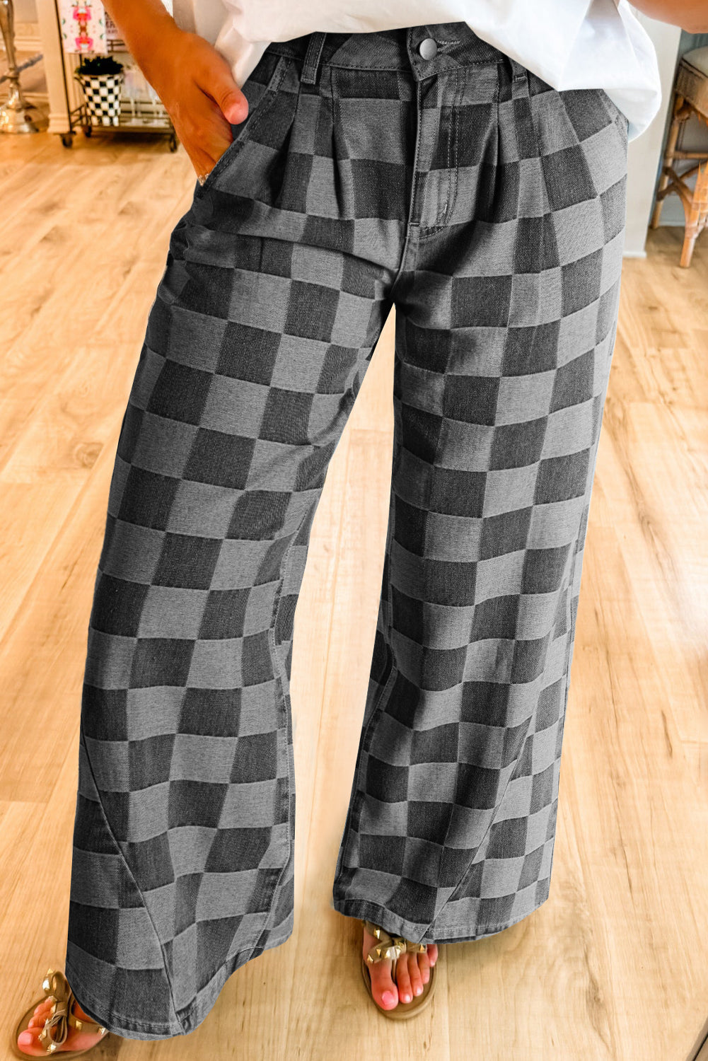 Thelira | Geruite wijde jeans voor dames - hoog getailleerd, losse pasvorm, vintage denim