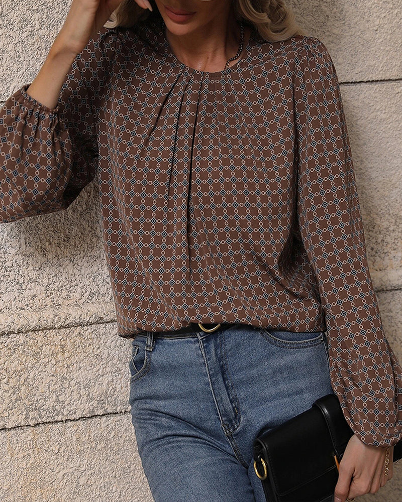 Viatrix | Retro Blouse met Geometrische Print voor Vrouwen - Lange Mouwen, Casual Chic Top