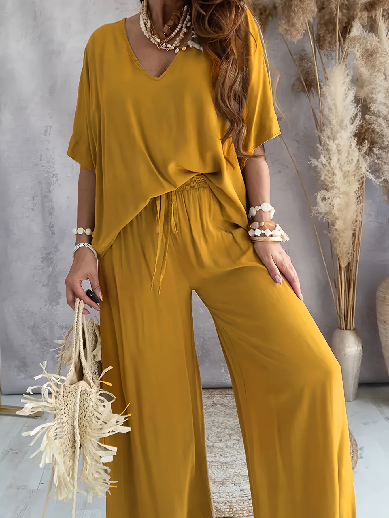 Giselora | Women's V-Neck Half Sleeve Top & Wide Leg Trousers