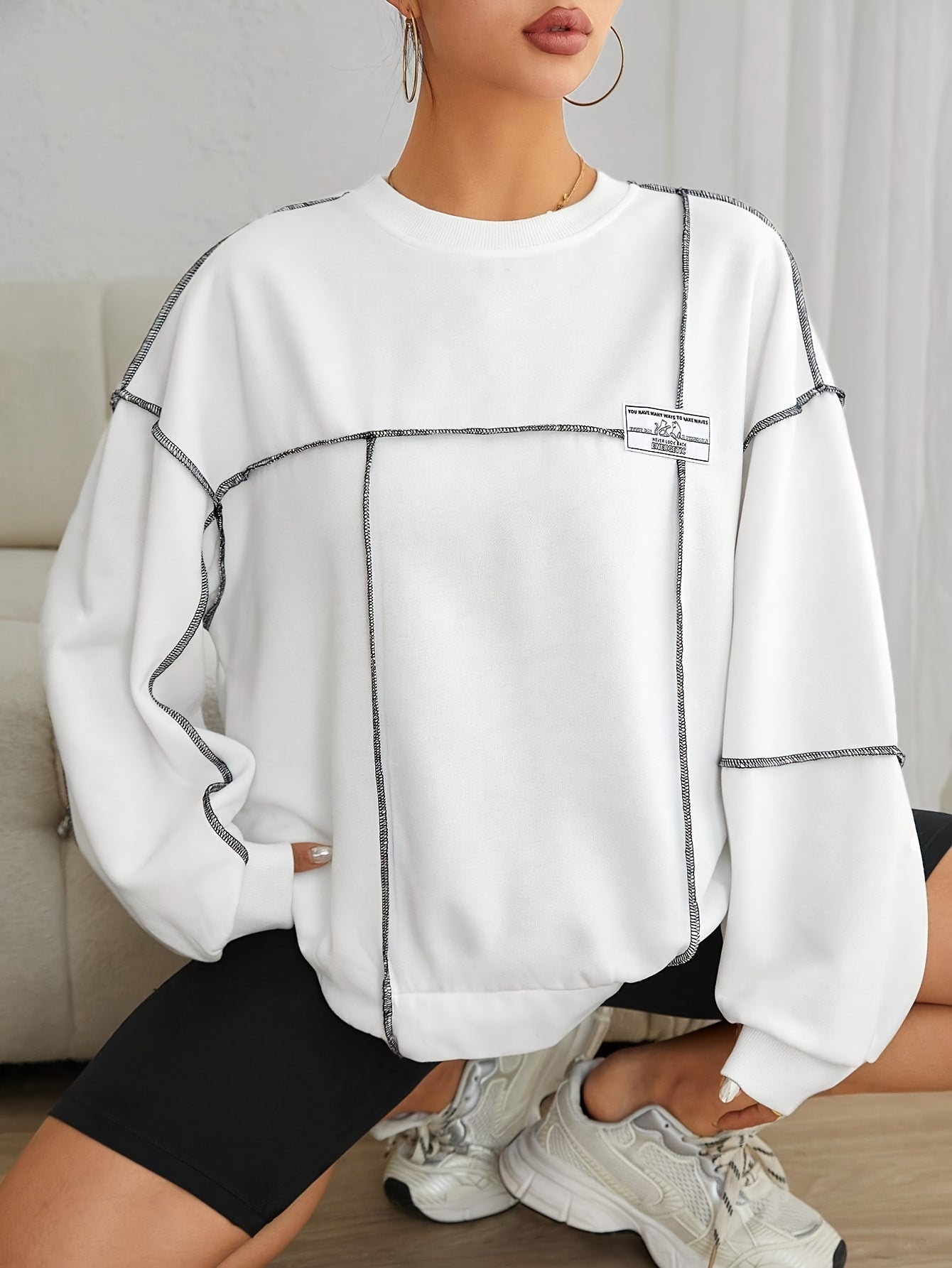 Danira | Elegant Vrouwen Polyester Sweatshirt - Ronde Hals, Schouder Stiksels, Zachte Gebreide Stof