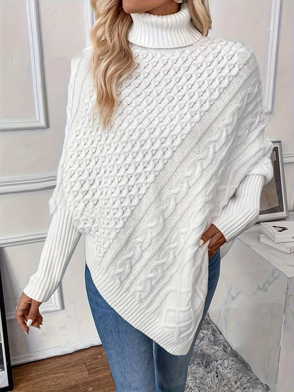 Fariah | Damestrui met col en vleermuismouwen, asymmetrische zoom, elegant kabelgebrei