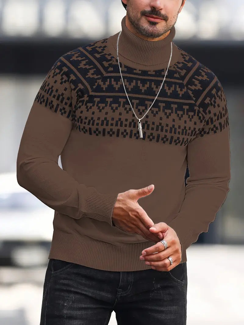 Beckett | Gebreide coltrui met geometrische grafische print, casual trui met lange mouwen voor herfst en winter