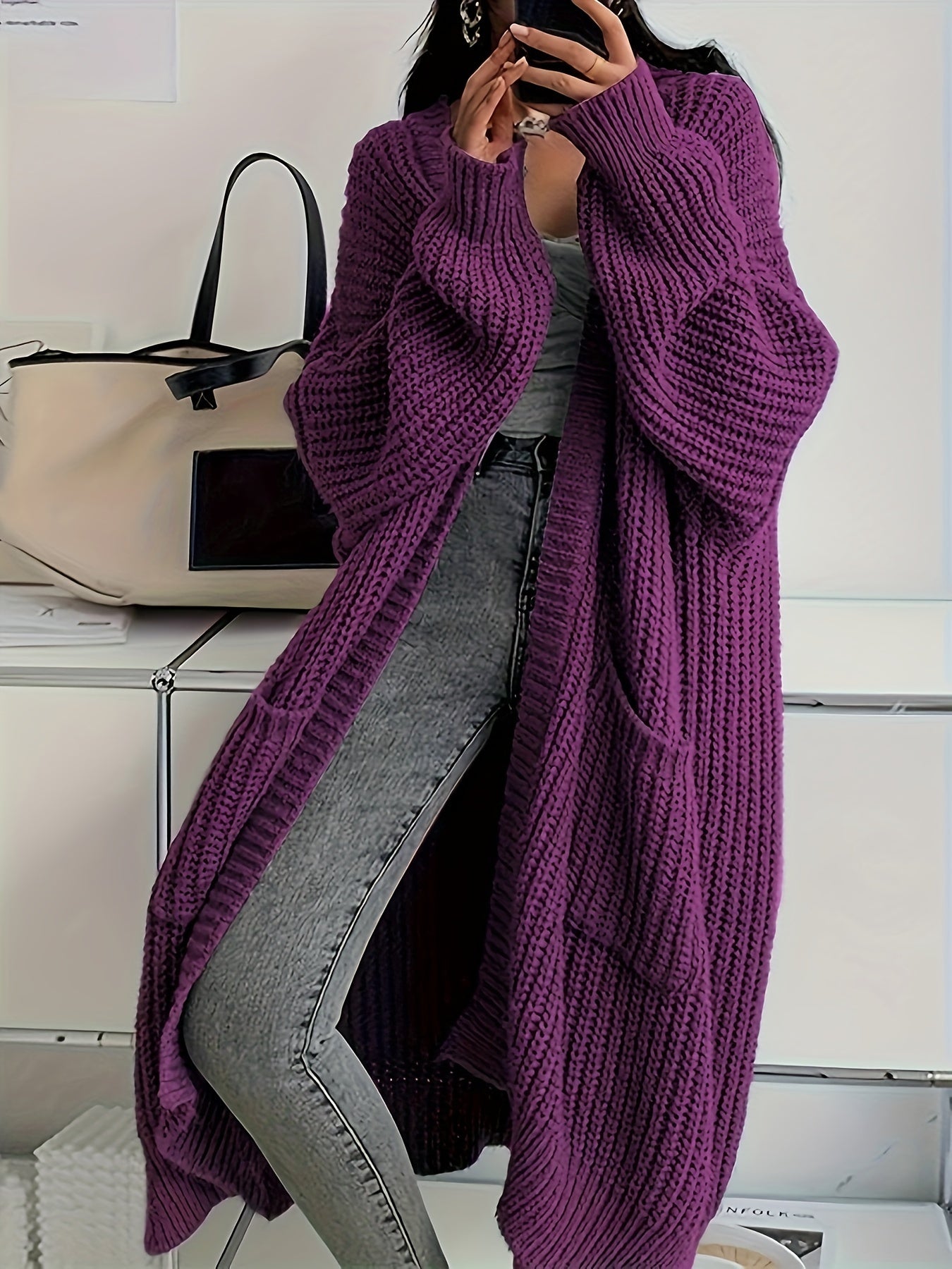 Noomi | Gilet long uni pour femme, ouvert sur le devant, manches longues décontractées et épaules dénudées