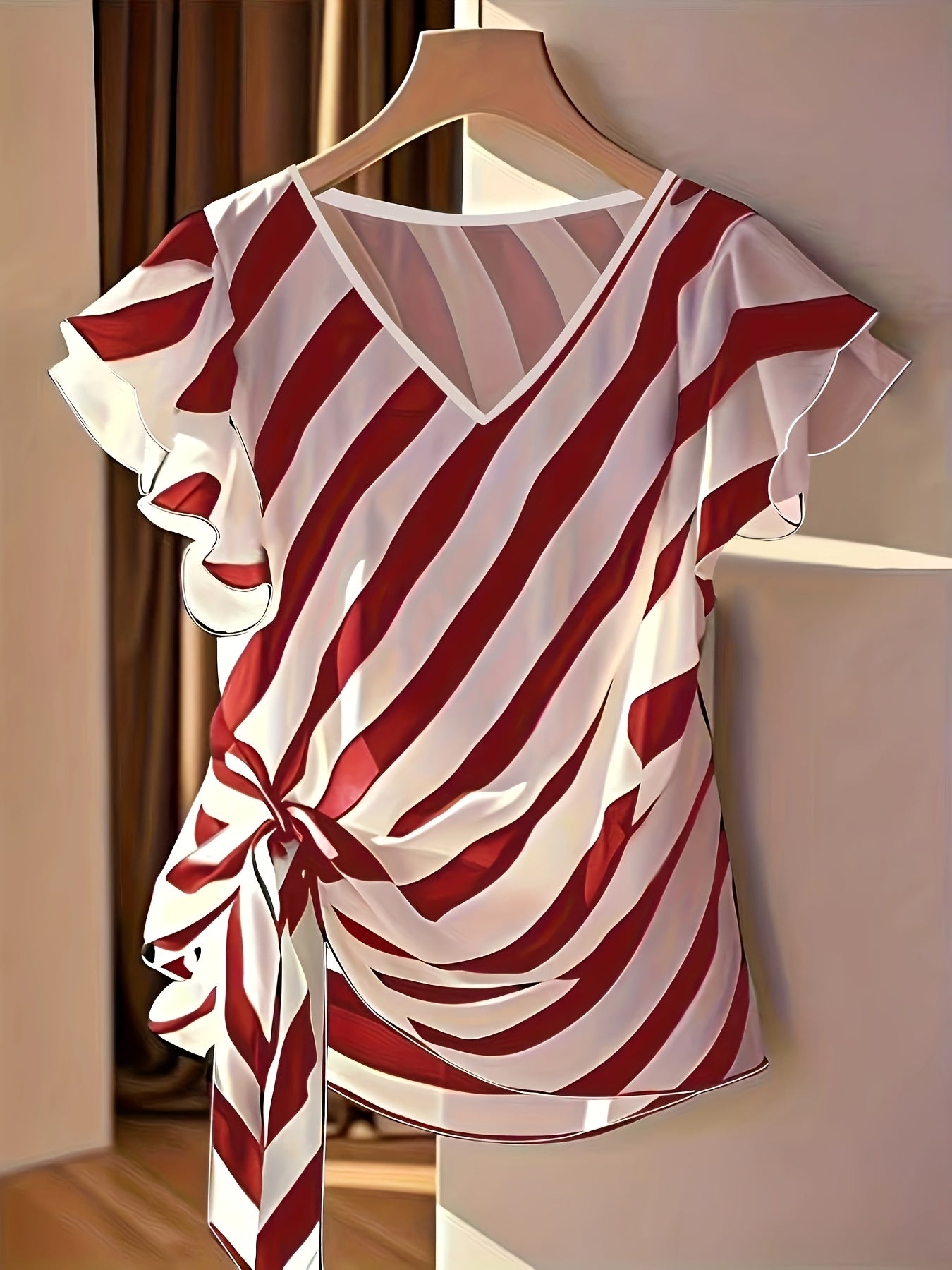 Jiya | Gestreepte zomerblouse voor dames met V-hals, strik in de taille en ruches aan de mouwen