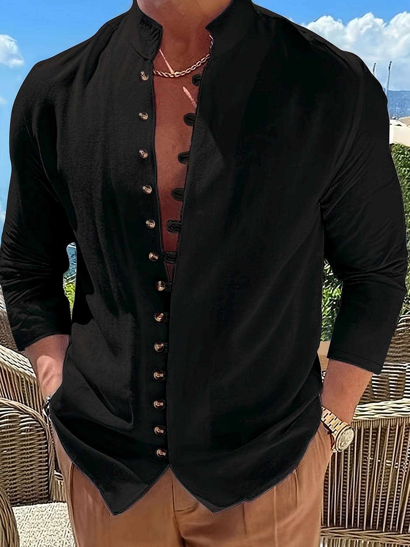 Philly | Heren Vintage Katoenen Linnen Casual Overhemd - Lange Mouw, Staande Kraag, Knoopdetail, Los model