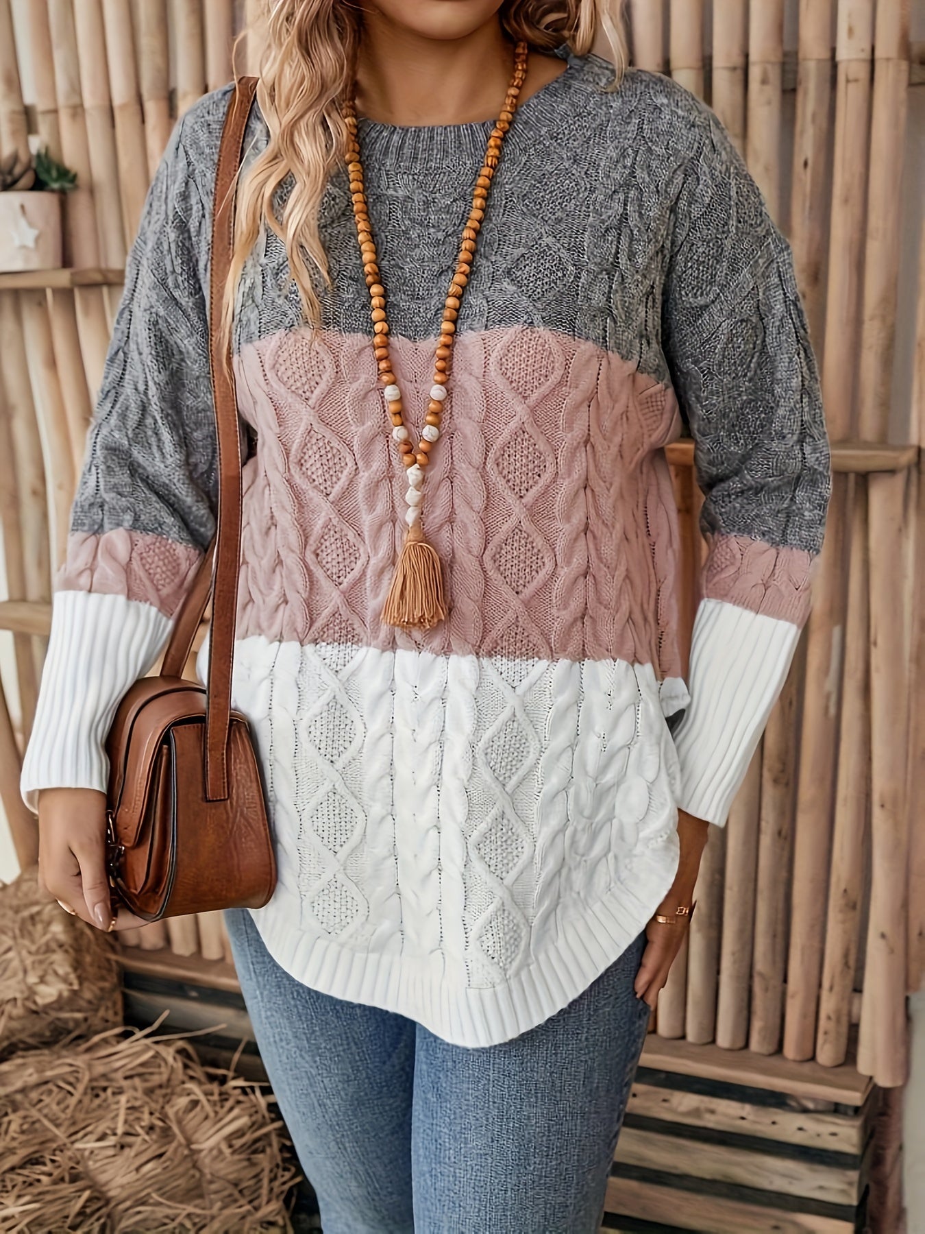 Leighton | Retro plus size trui voor dames - Kleurblok gebreide kabel