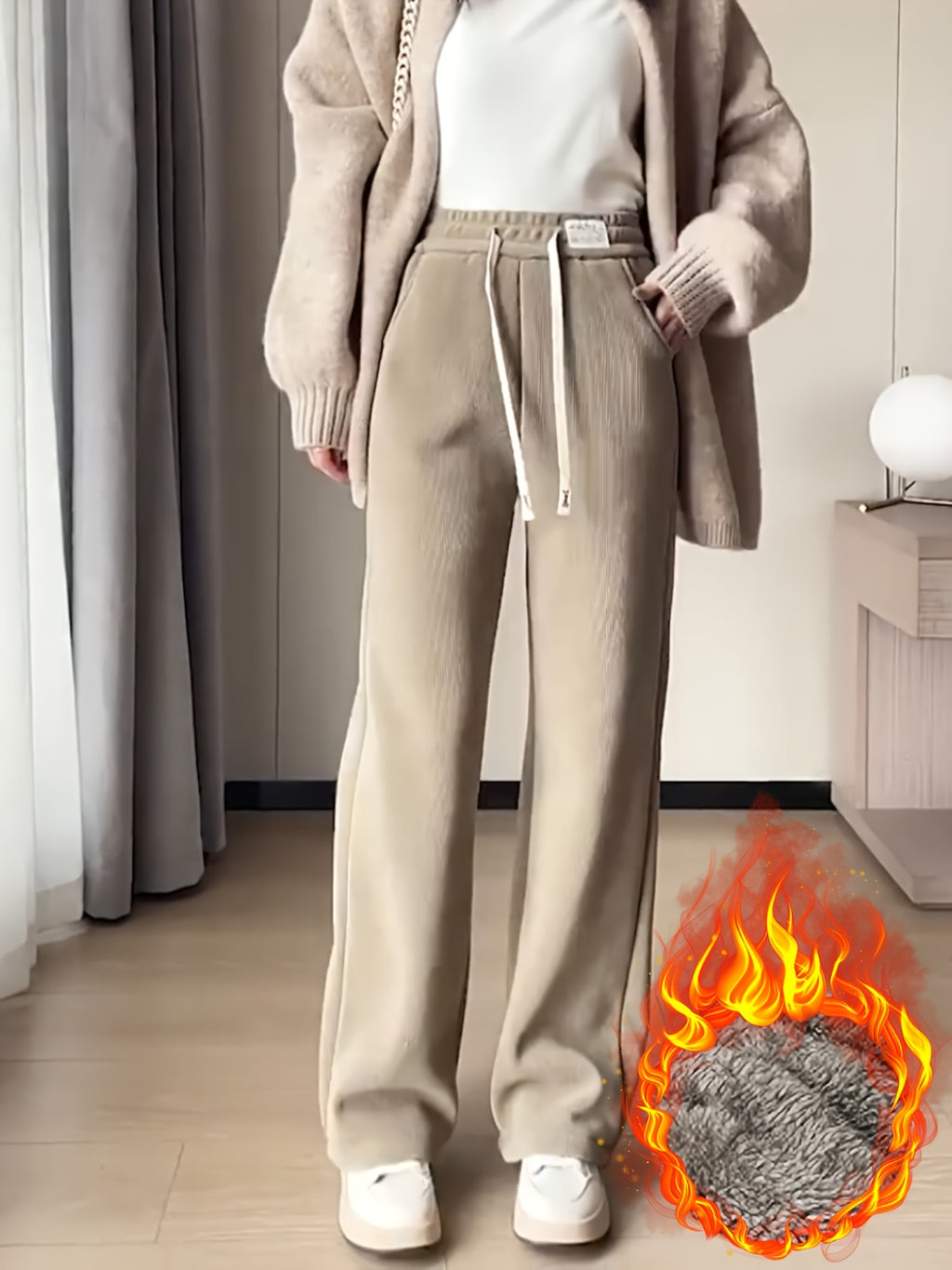 Denora | Knusse, met fleece gevoerde Corduroy broek met wijde pijpen - Warme winterjoggers met tunnelkoord