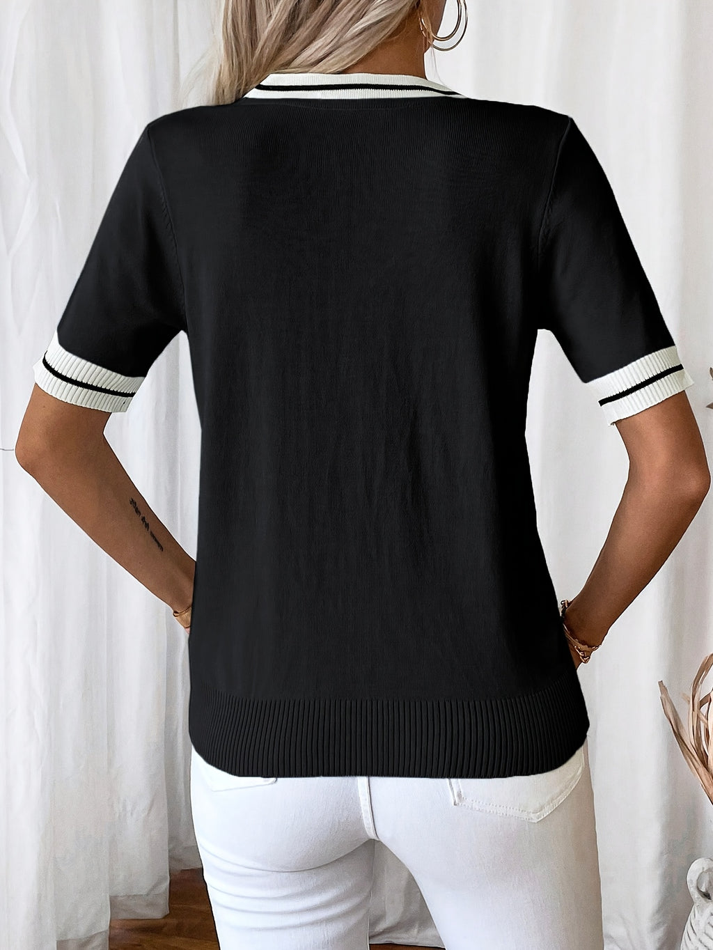Danika | Casual V-Neck Women's T-Shirt with Tie Detail - Color Block Short Sleeve Top