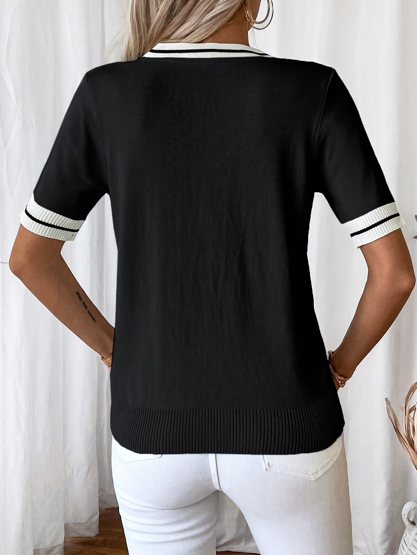 Danika | Casual V-Neck Women's T-Shirt with Tie Detail - Color Block Short Sleeve Top