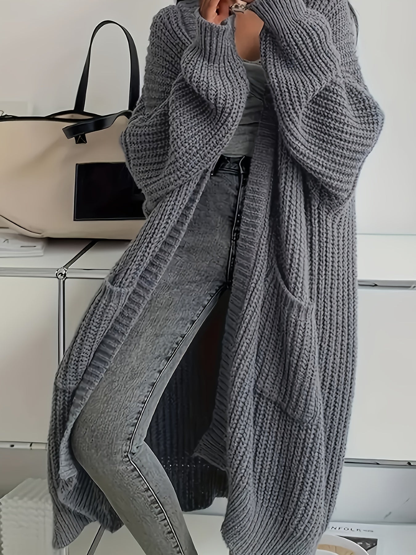 Myvessa | Lang gebreid vest voor dames – open voorkant, oversized, casual trui voor herfst en winter