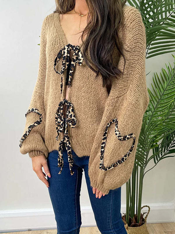 Eliana | Loose warm women's cardigan with sweater, leopard print with bow closure, casual long-sleeved knit