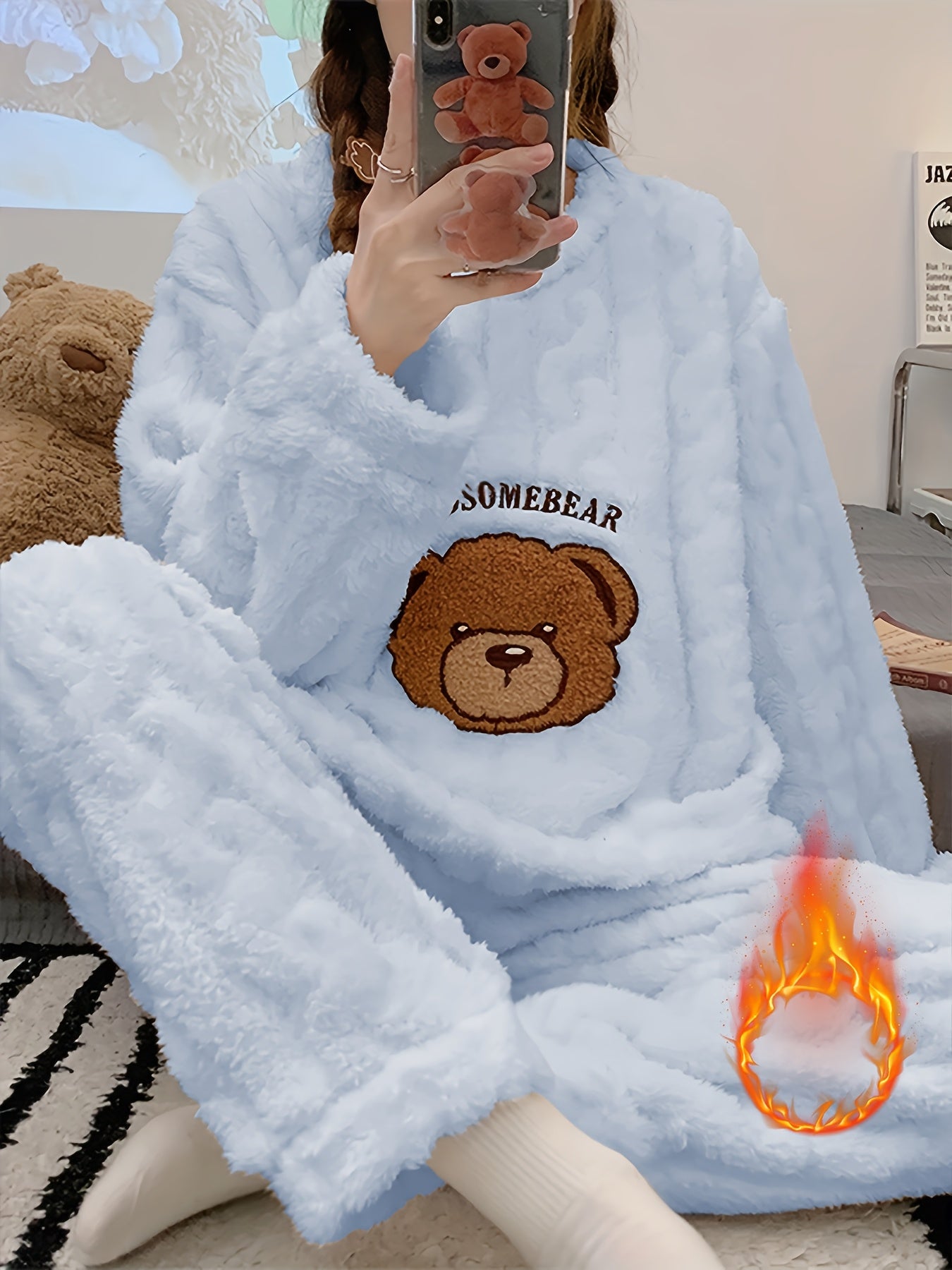Faren | Cozy women's fleece pajama set - Bear embroidery, long-sleeve top & flannel pants