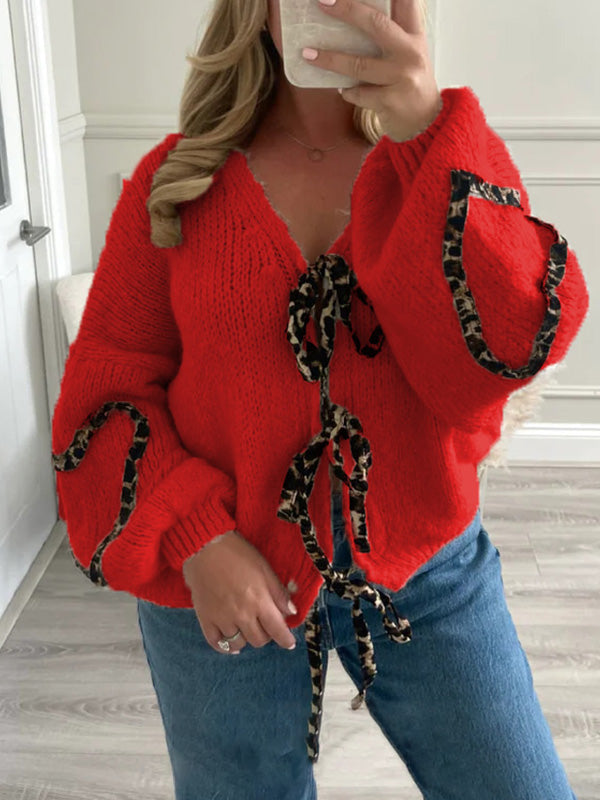 Eliana | Loose warm women's cardigan with sweater, leopard print with bow closure, casual long-sleeved knit