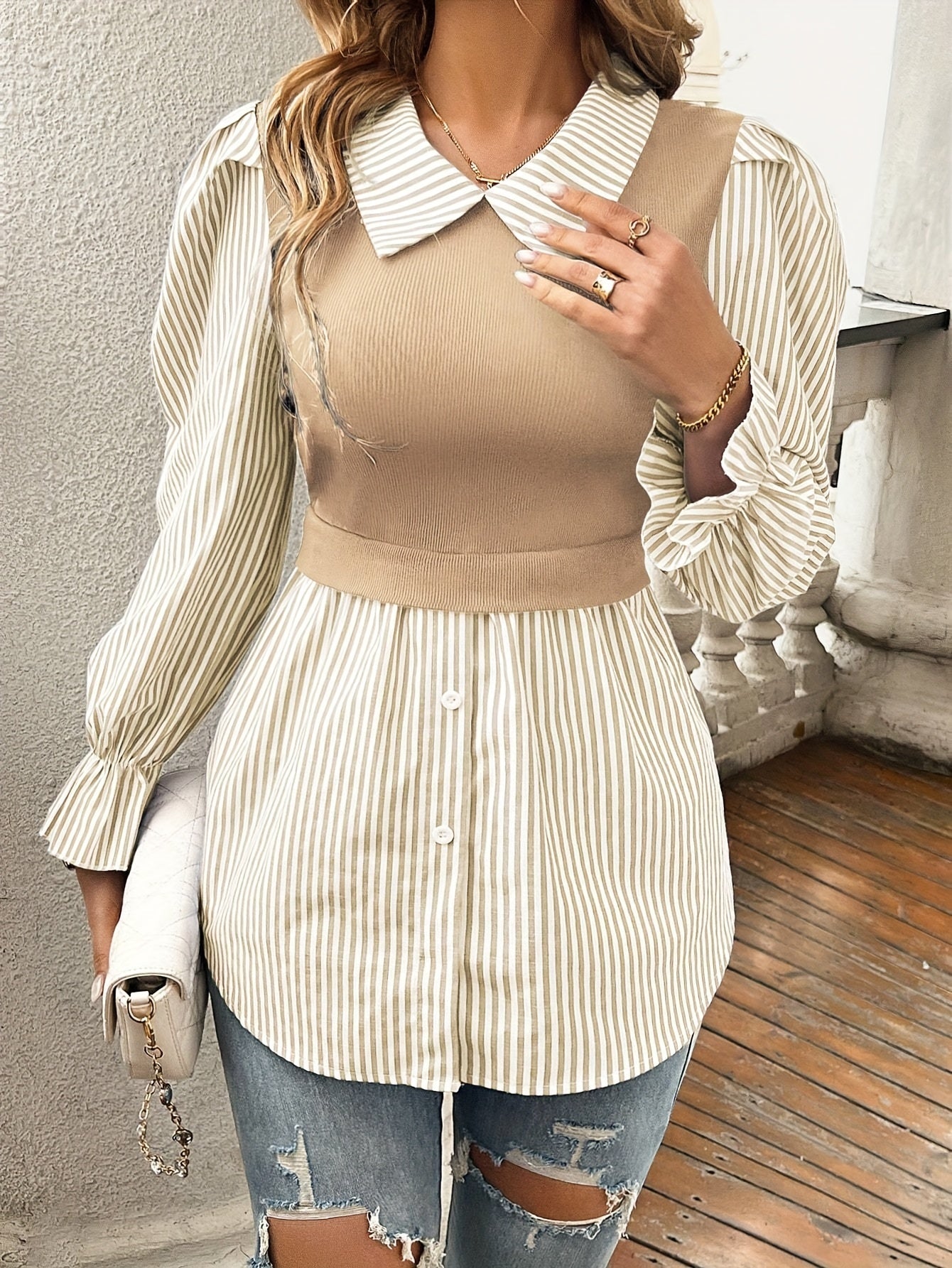 Abrielle | Gestreepte Blouse met Laagjes Kleurblok voor Vrouwen - Shirt Met Lange Mouwen