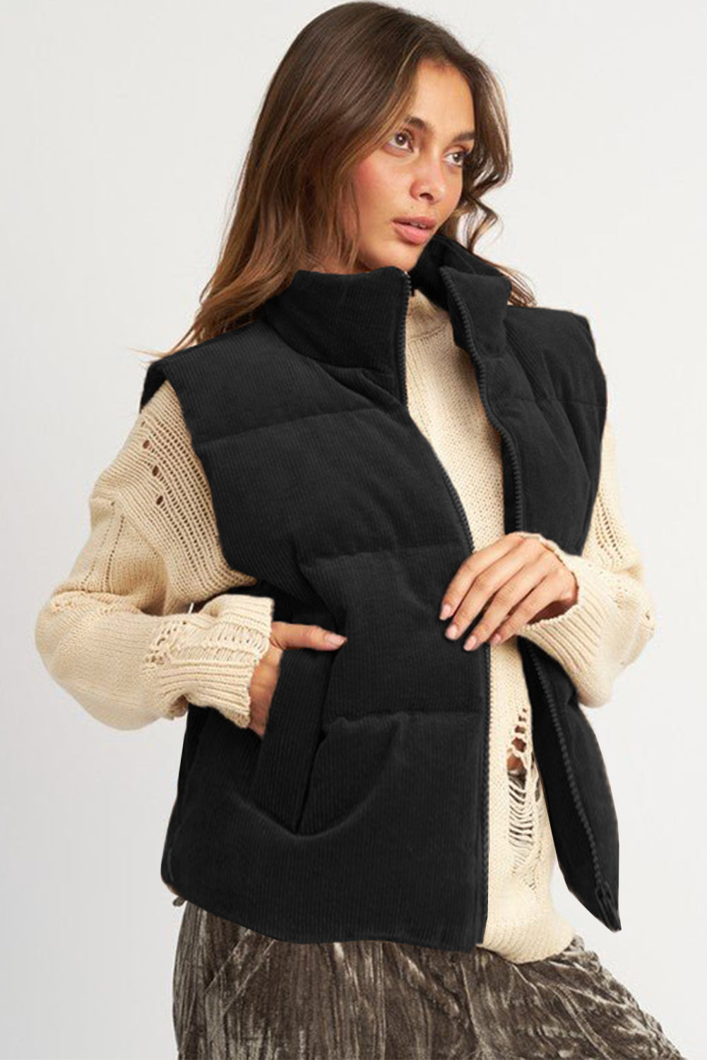 Dagny | Corduroy Puffer Vest met Ritssluiting Staande Kraag Casual Jack voor Dames