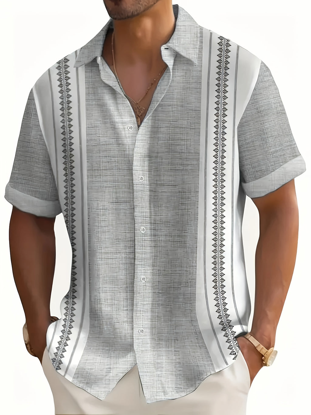 Isoren | Heren zomershirt – geometrische print, korte mouwen en casual met contrasterende strepen