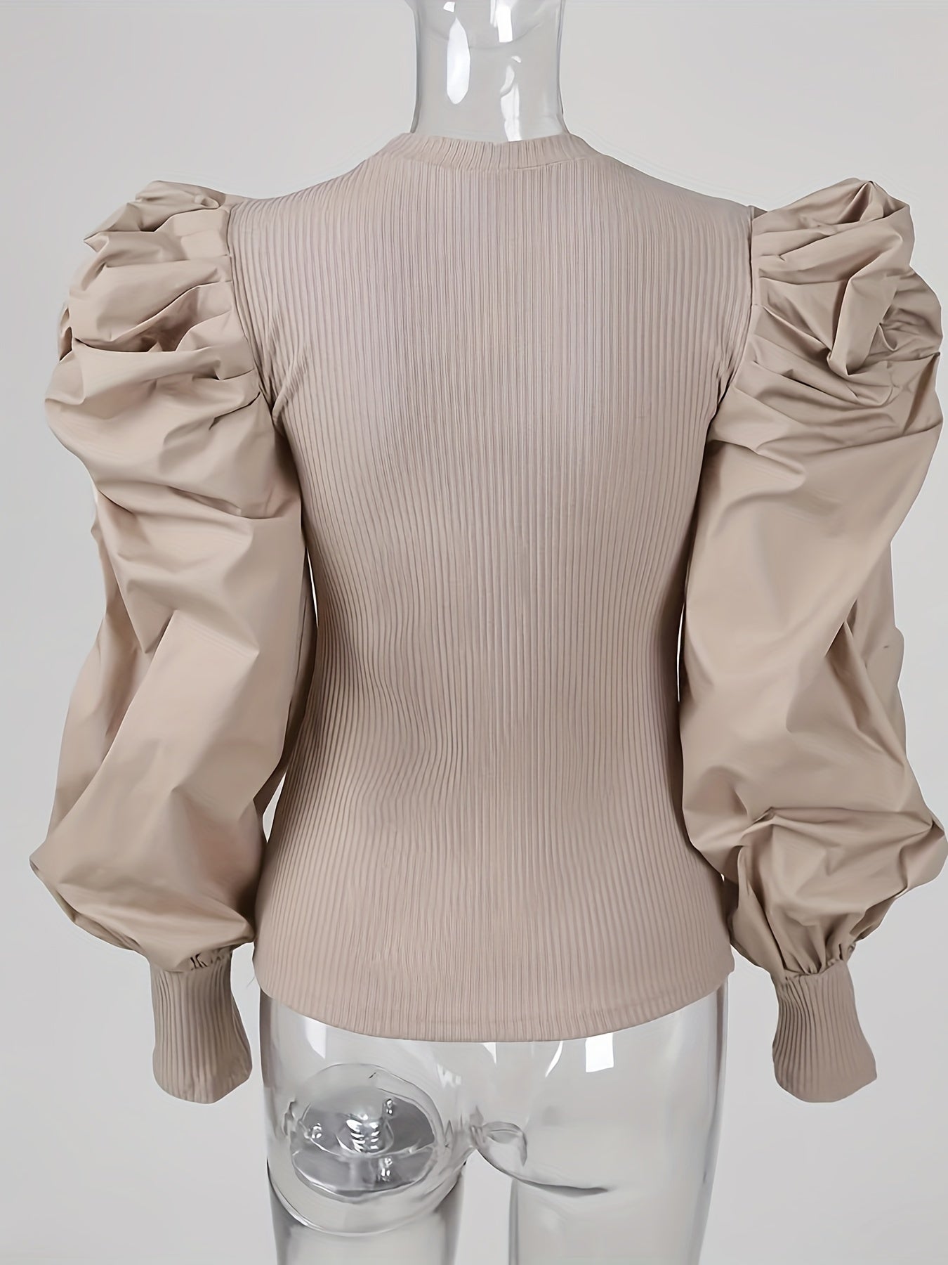Valindra | Elegant Solid Ribbed Crew Neck Blouse with Puff Sleeves