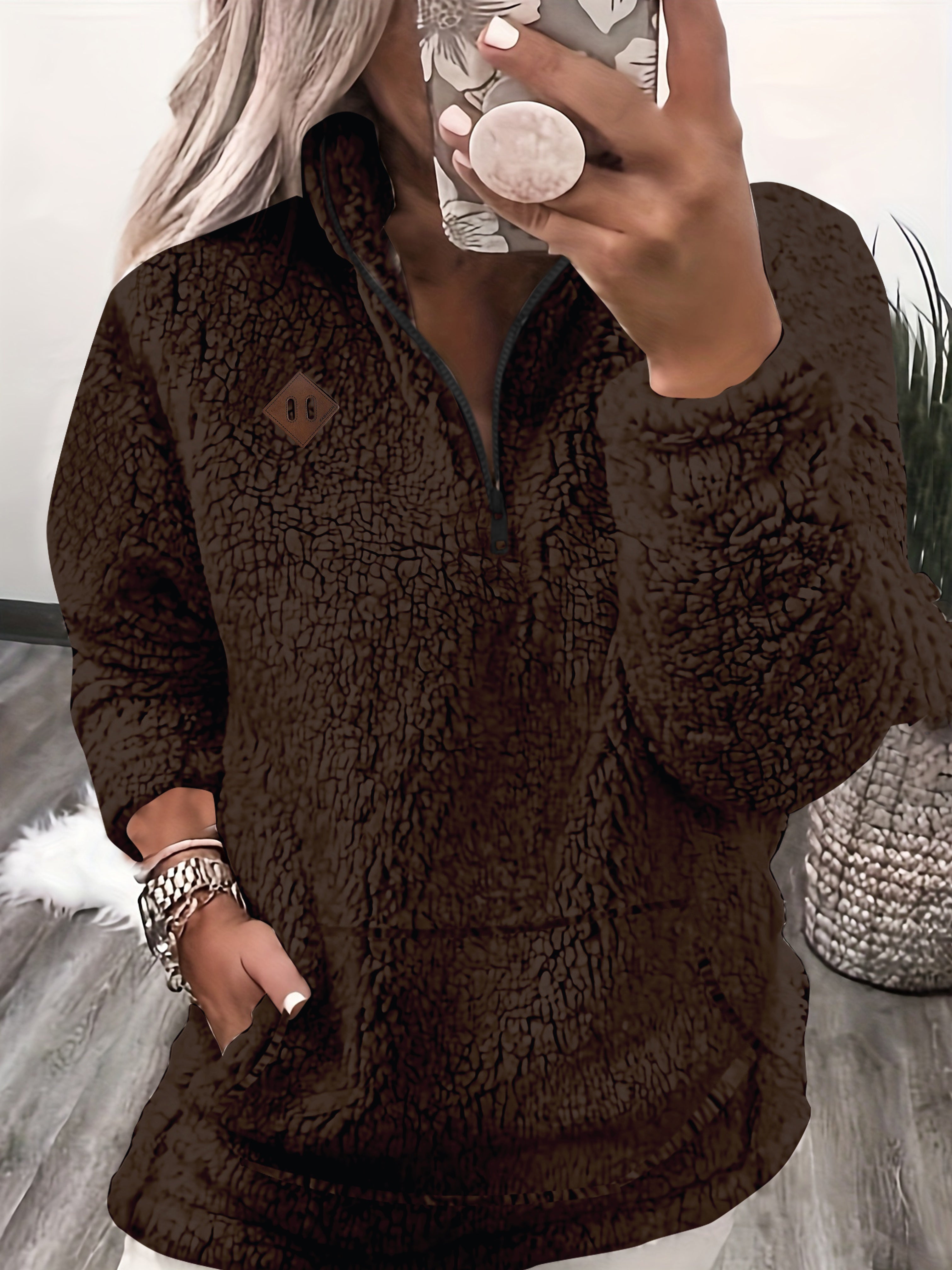 Cambia | Dames Patch Kwartier Ritssluiting Pullover Teddy Sweatshirt - Knusse Casual Lange Mouwen Fleece Top