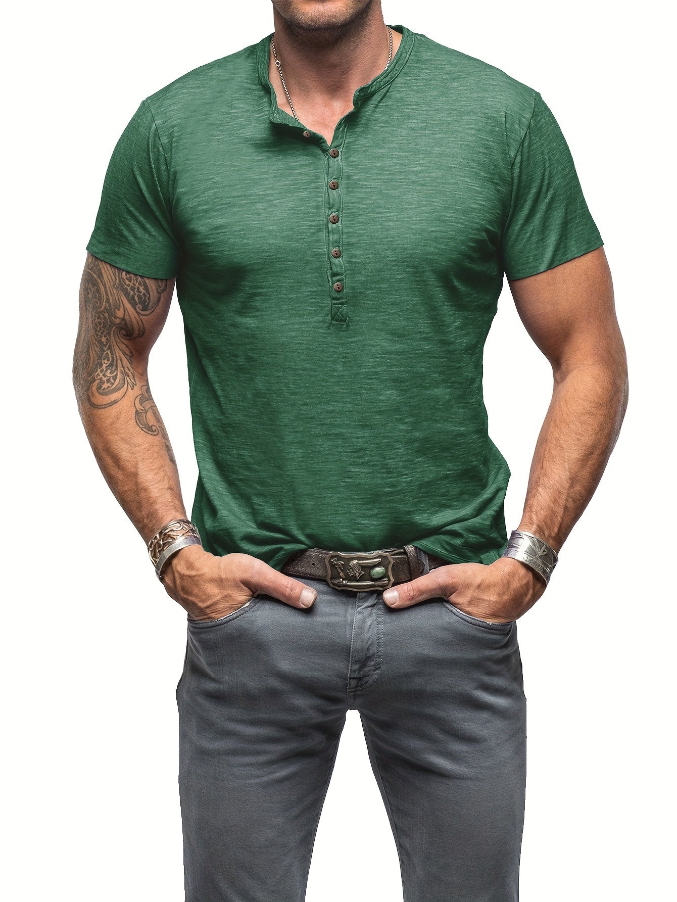 Riggs | Vintage stijl herenhemd in katoen Henley - knoopsluiting, ronde hals