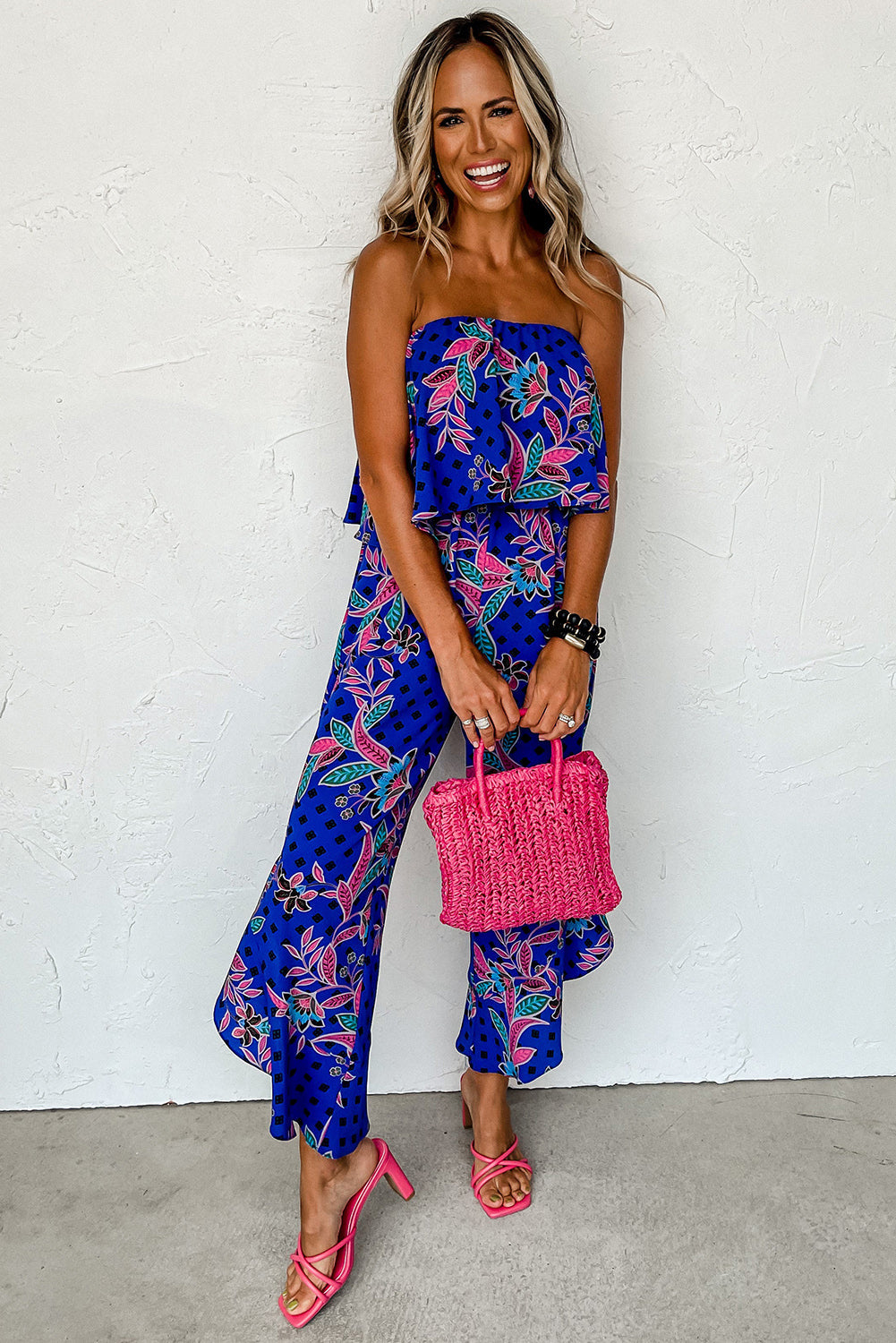 Aiko | Blauw Mix Tropisch Gedrukte Bandloze Jumpsuit