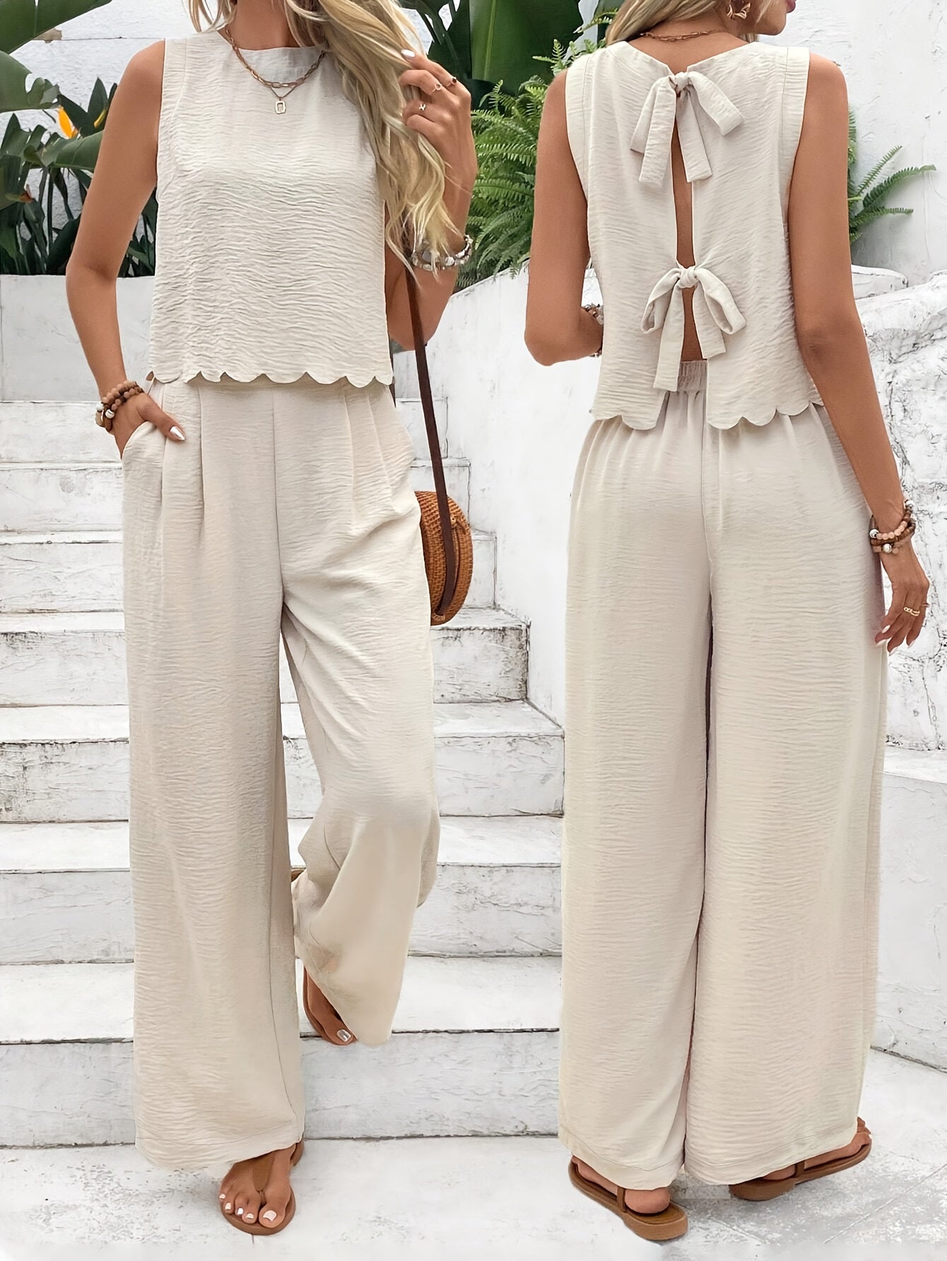 Blytheara | Women's 2-piece Set - Blouse with Tie-Front & Long Pants