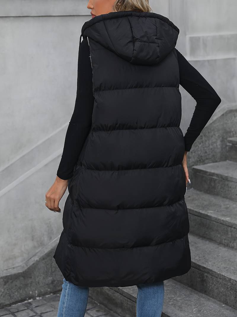 Aina | Lang gewatteerd mouwloos vest met capuchon voor dames - lichtgewicht bodywarmer vest