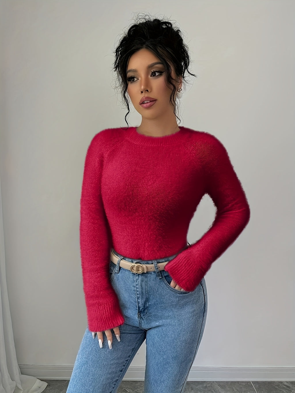 Nadine | Warme dames fleece trui - Fuzzy gebreide ronde hals top in effen kleur