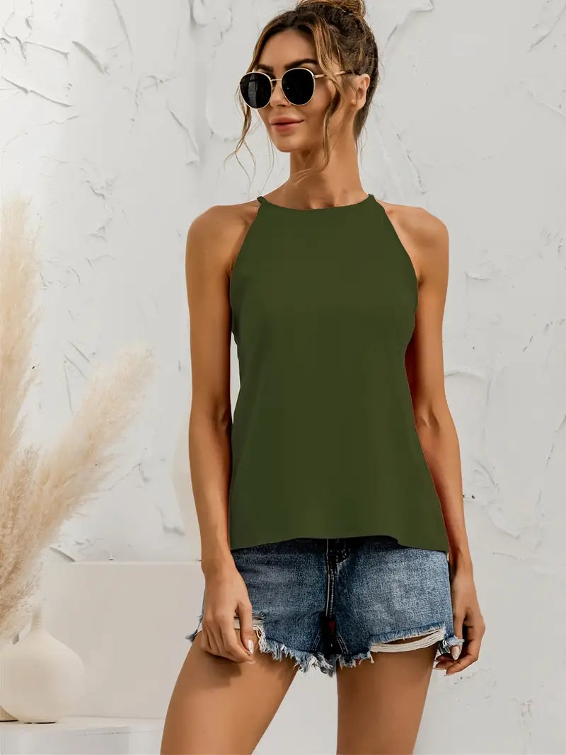 Asymmetrische haltertop Effen kleur Ronde hals Casual stijl