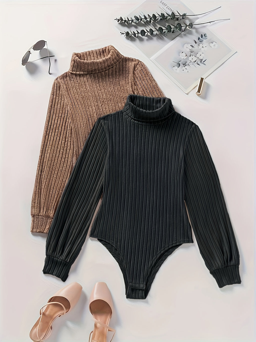 Leontine | Casual geribbelde damesbody met lange mouwen en schildpadhals - 2-delig