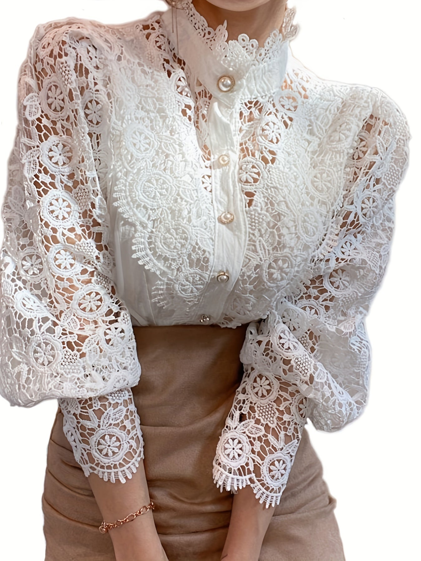 Lalique | Victorian Lace Women's Blouse with Pearl Button and Long Sleeves