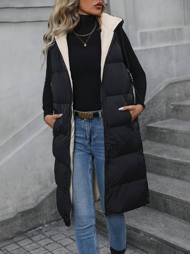 Aina | Lang gewatteerd mouwloos vest met capuchon voor dames - lichtgewicht bodywarmer vest