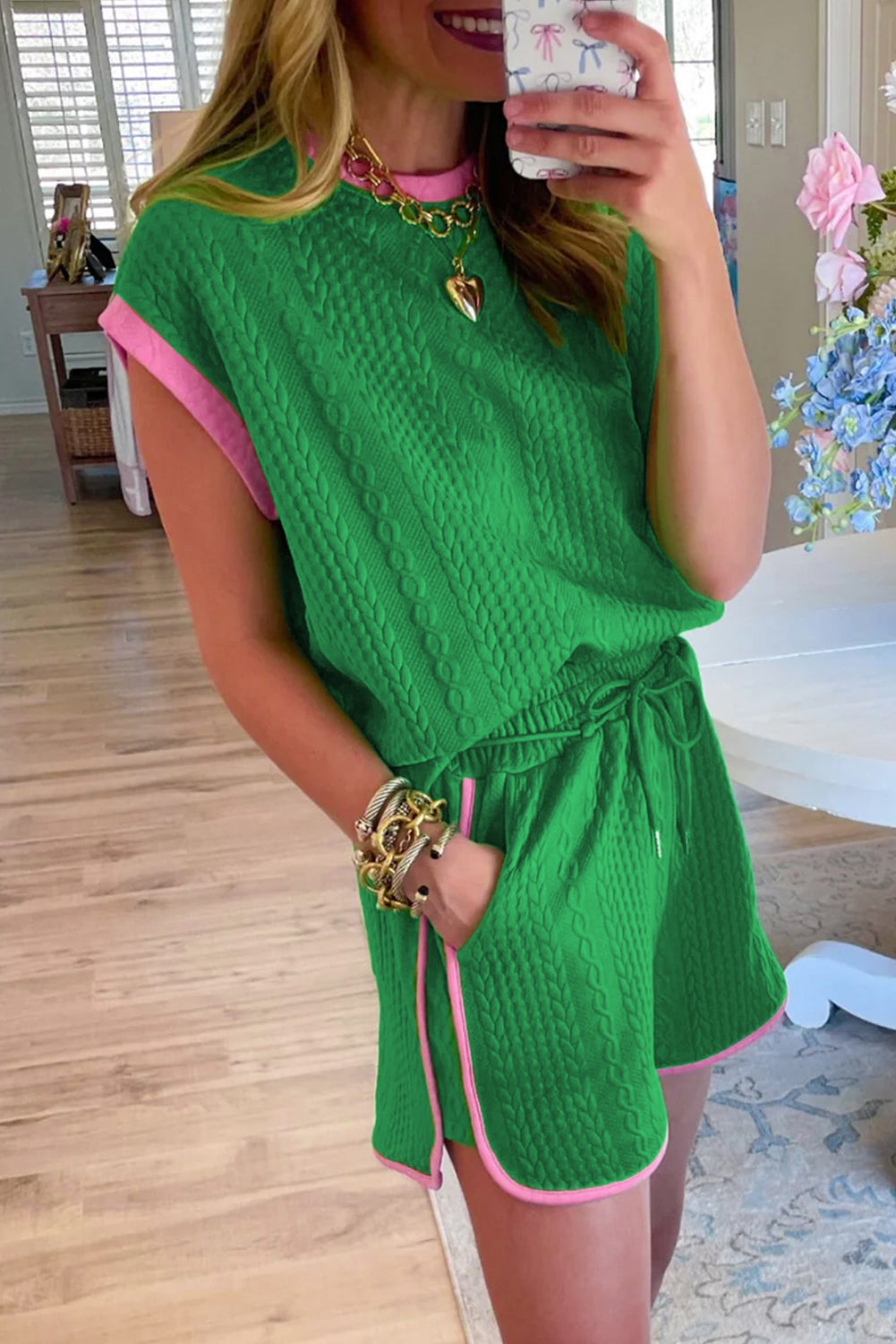 Chanda | Casual Trim Kabel Getextureerde Shorts Set