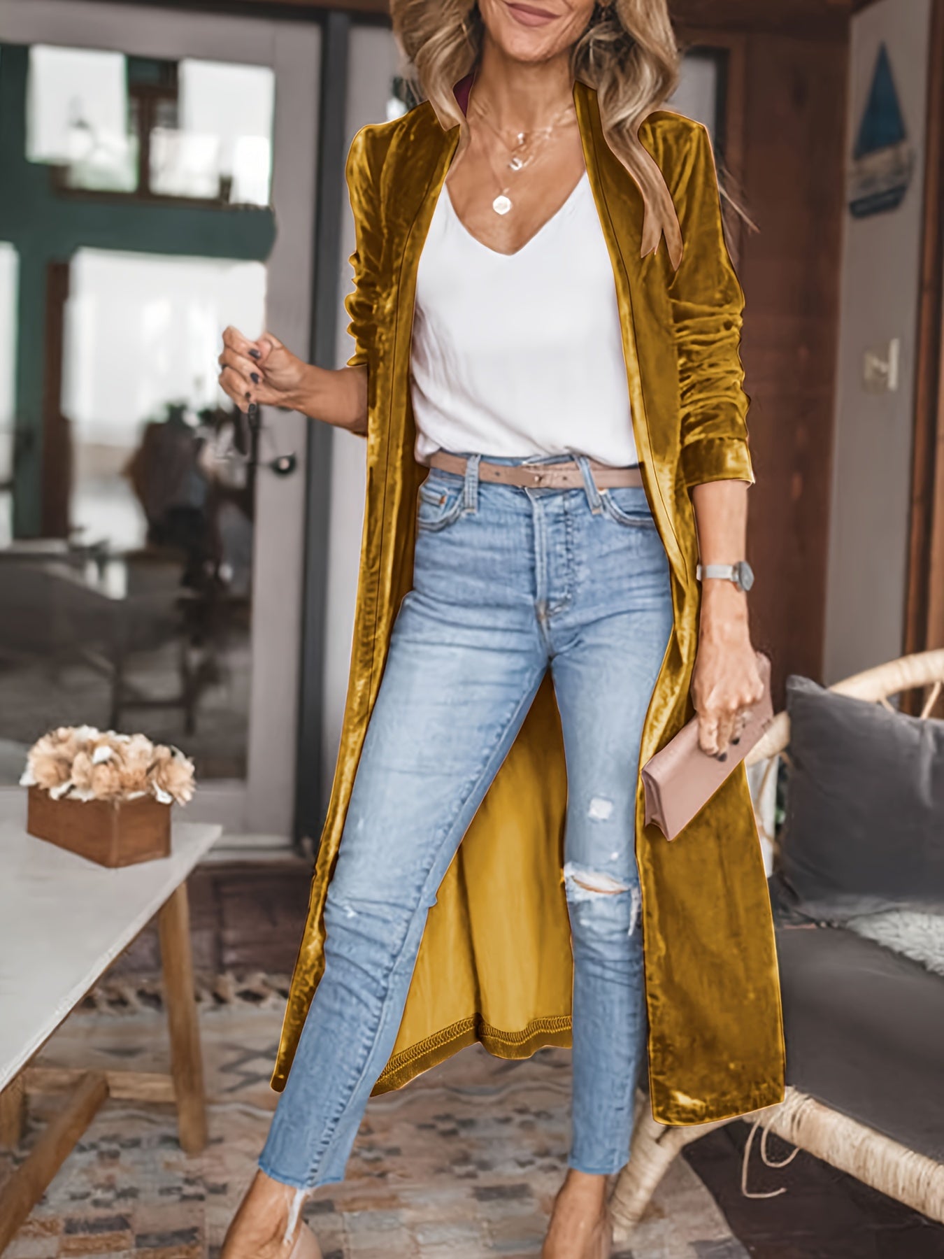 Dahliana | Velvet Open Front Cardigan for Women - Long Sleeve, Casual, Soft and Warm Winter Jacket