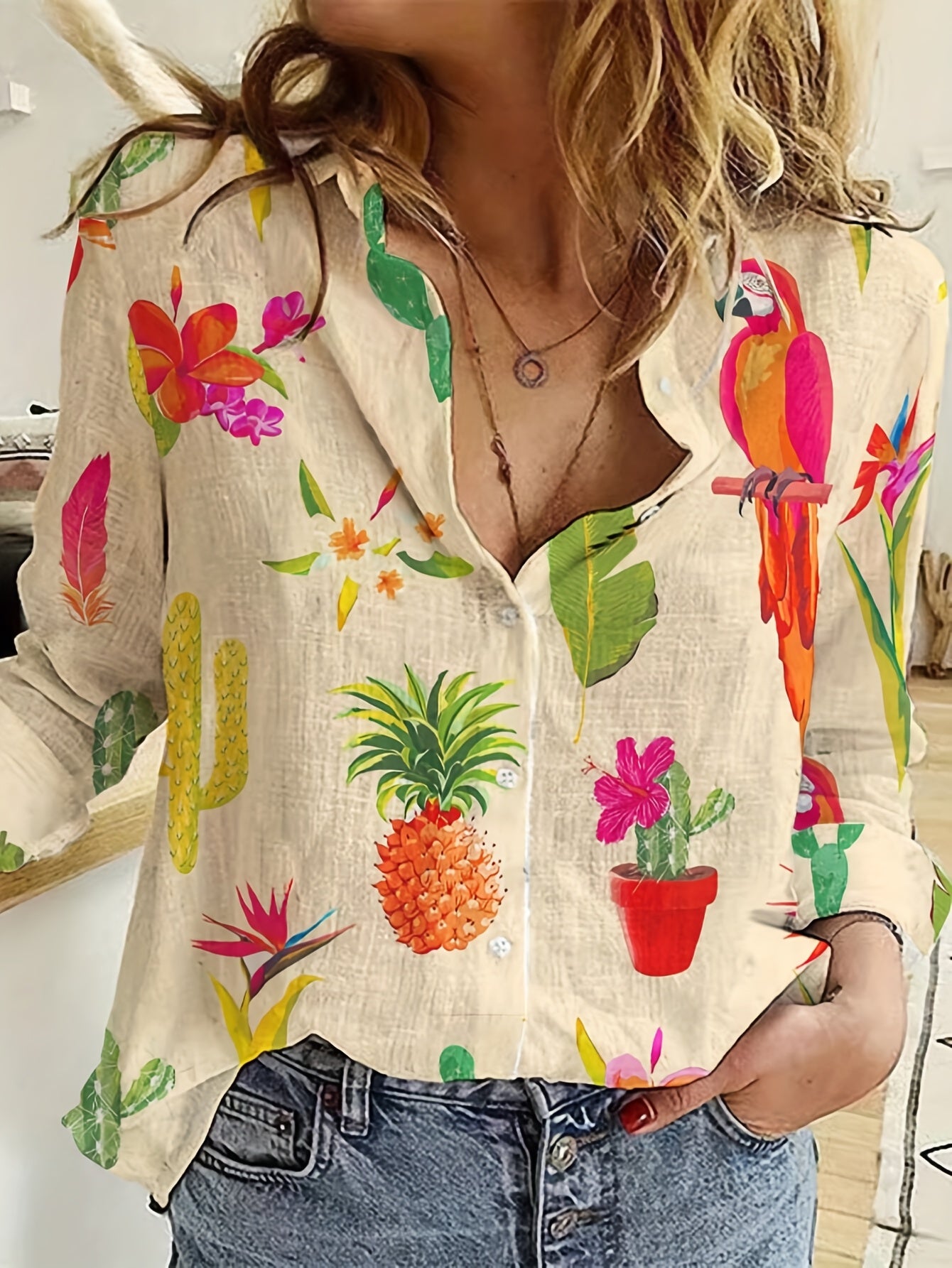Noravelle | Dames tropische print blouse – knoopsluiting, enkelrijs casual overhemdblouse