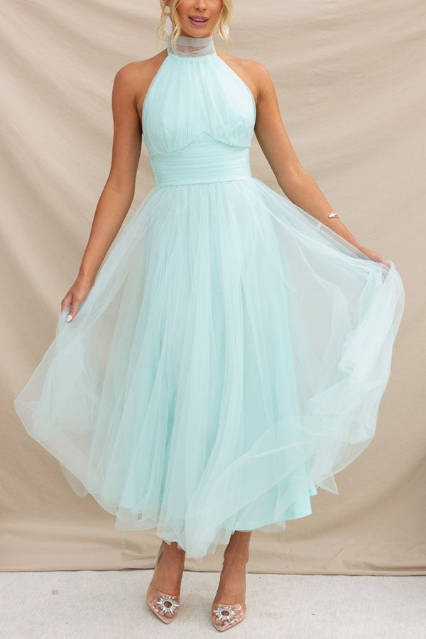 Bellina | Elegant Long Halter Neck Dress - Mesh Fabric
