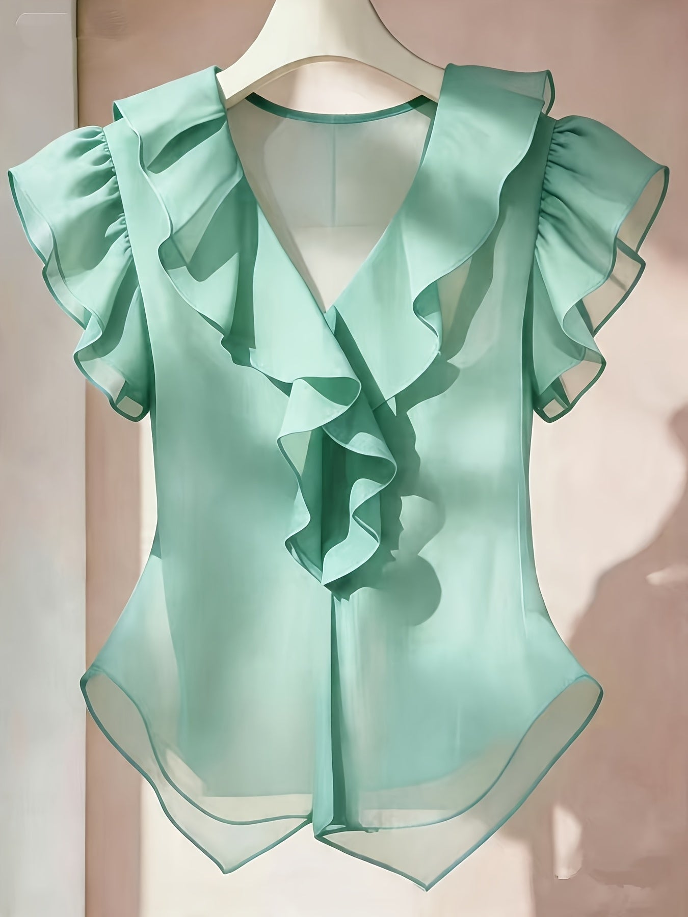 Vaenyra | Damesblouse in Franse stijl van chiffon – effen kleur met ruches en korte mouwen
