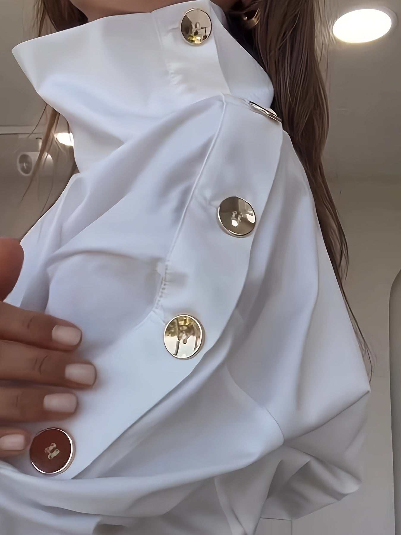 Mazarine | Elegant women's blouse with high neck - long sleeves, button detail, lightweight polyester