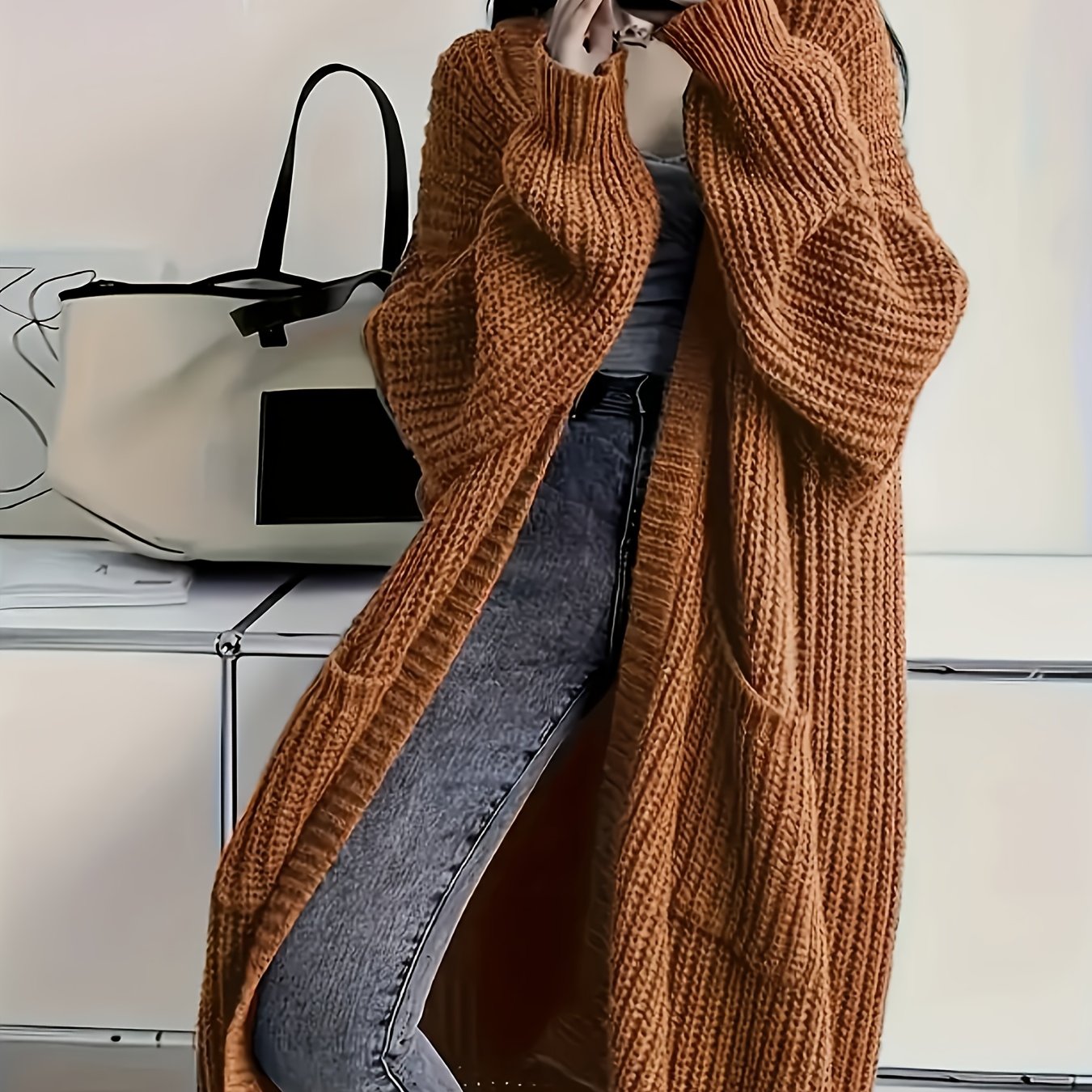 Myvessa | Lang gebreid vest voor dames – open voorkant, oversized, casual trui voor herfst en winter