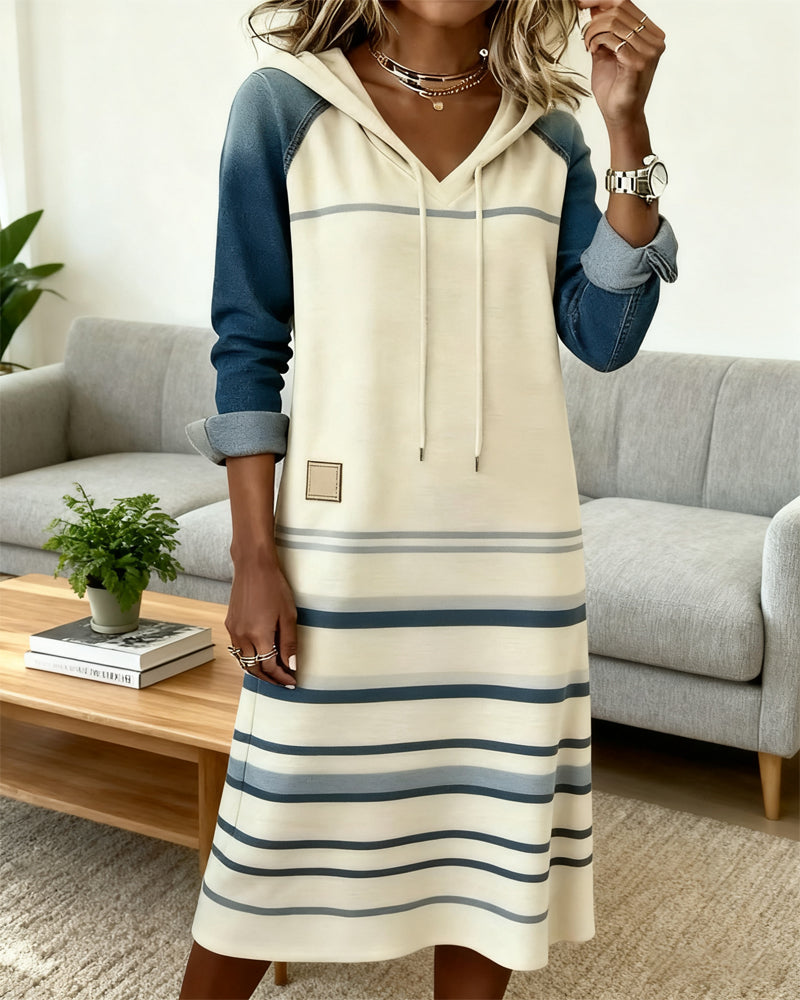 Enlina | Casual hoodiejurk met patchworkstrepen – denimstijl met lange mouwen, comfortabele jurk