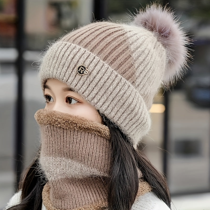 SoftWrap | Vrouwen Winter Knit Muts en Sjaal Set - Pom-Pom Beanie met fleece gevoerde nekwarmer