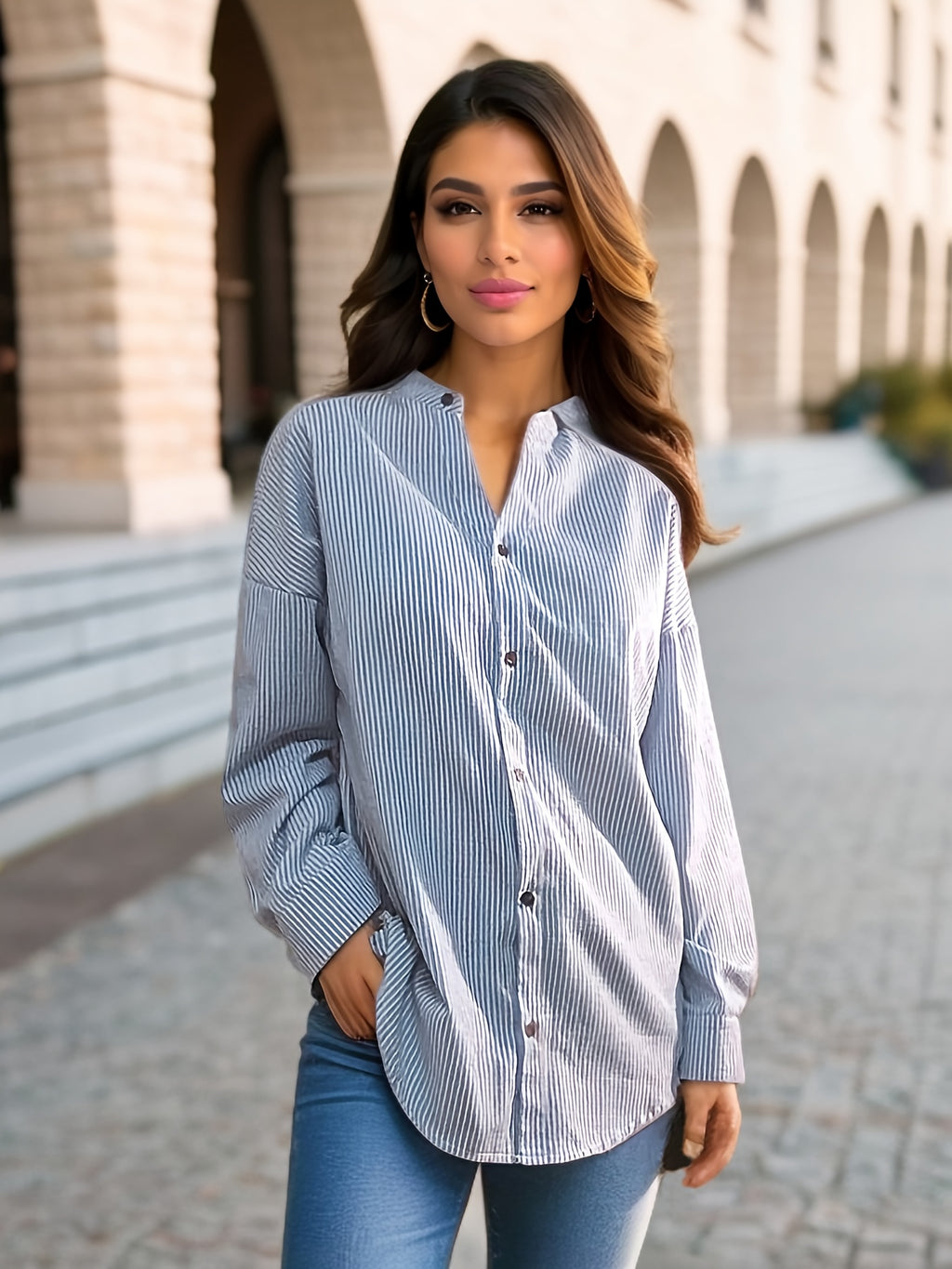 Avielle | Striped V-Neck Women's Blouse - Long Sleeve Button-Up Casual Shirt