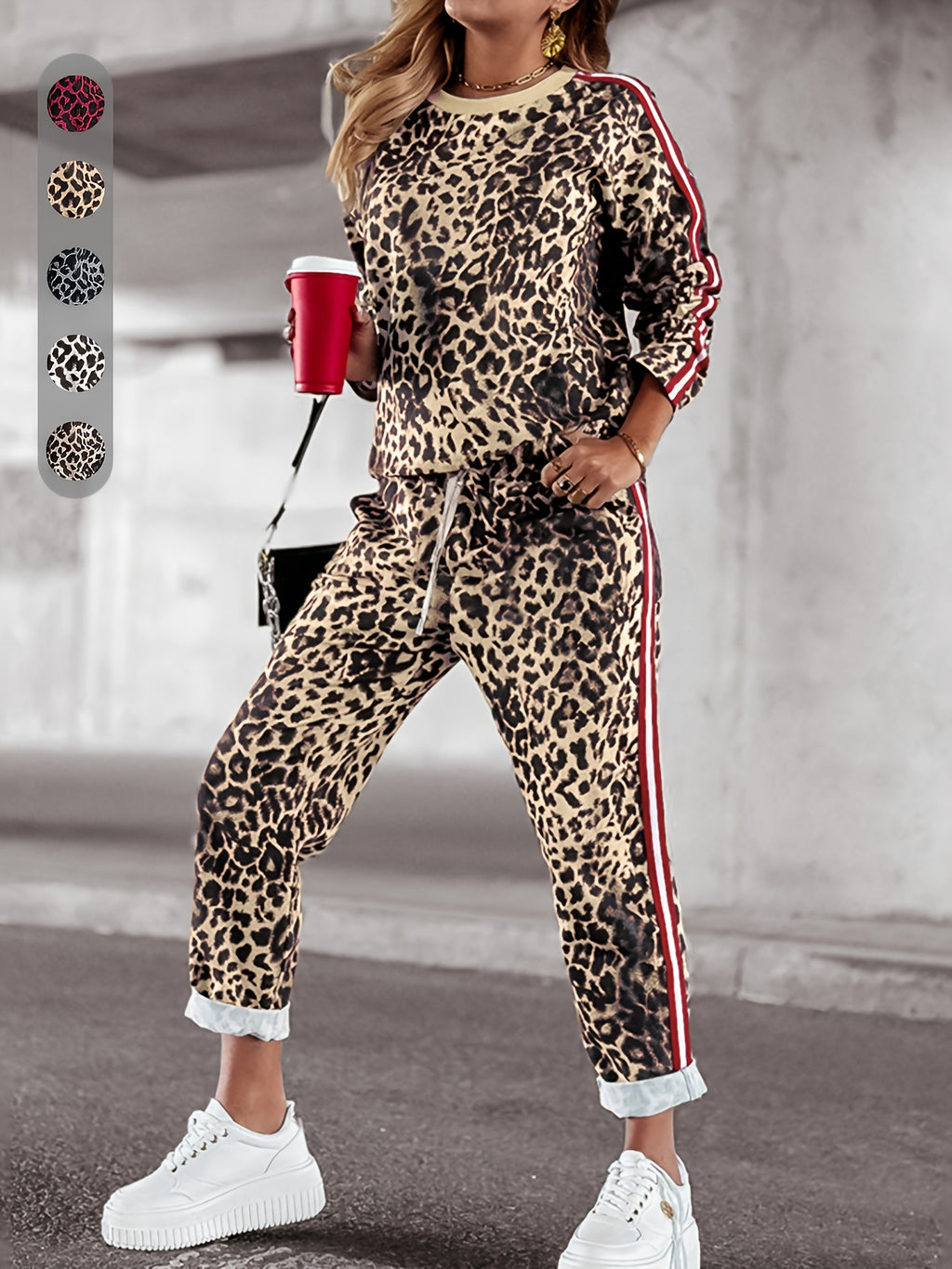 Emryth | Two-piece women's leopard print set - long-sleeve top and high-waisted pants, casual lounge outfit