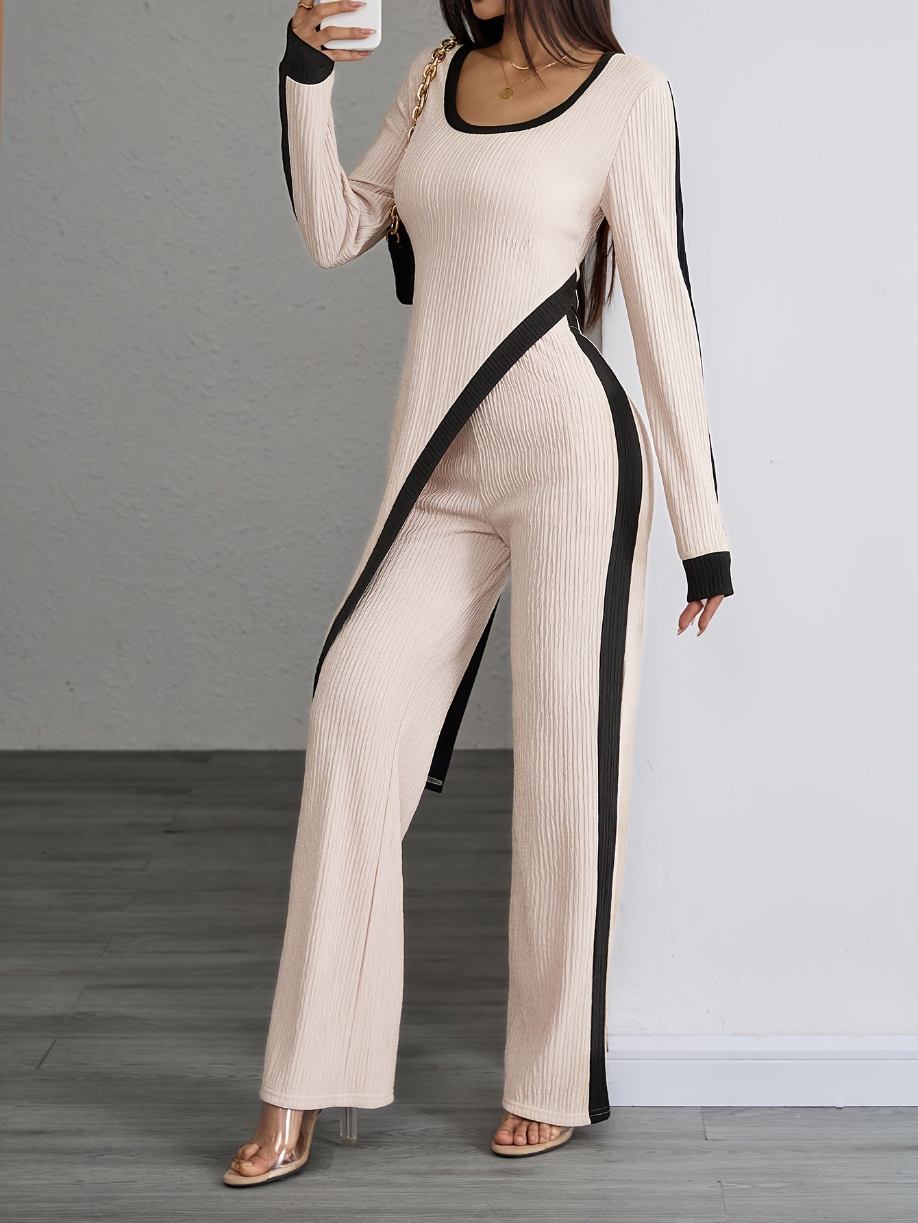 Irelia | Women's Long Sleeve Top and Wide Leg Trousers Set - Elegant Spring Outfit